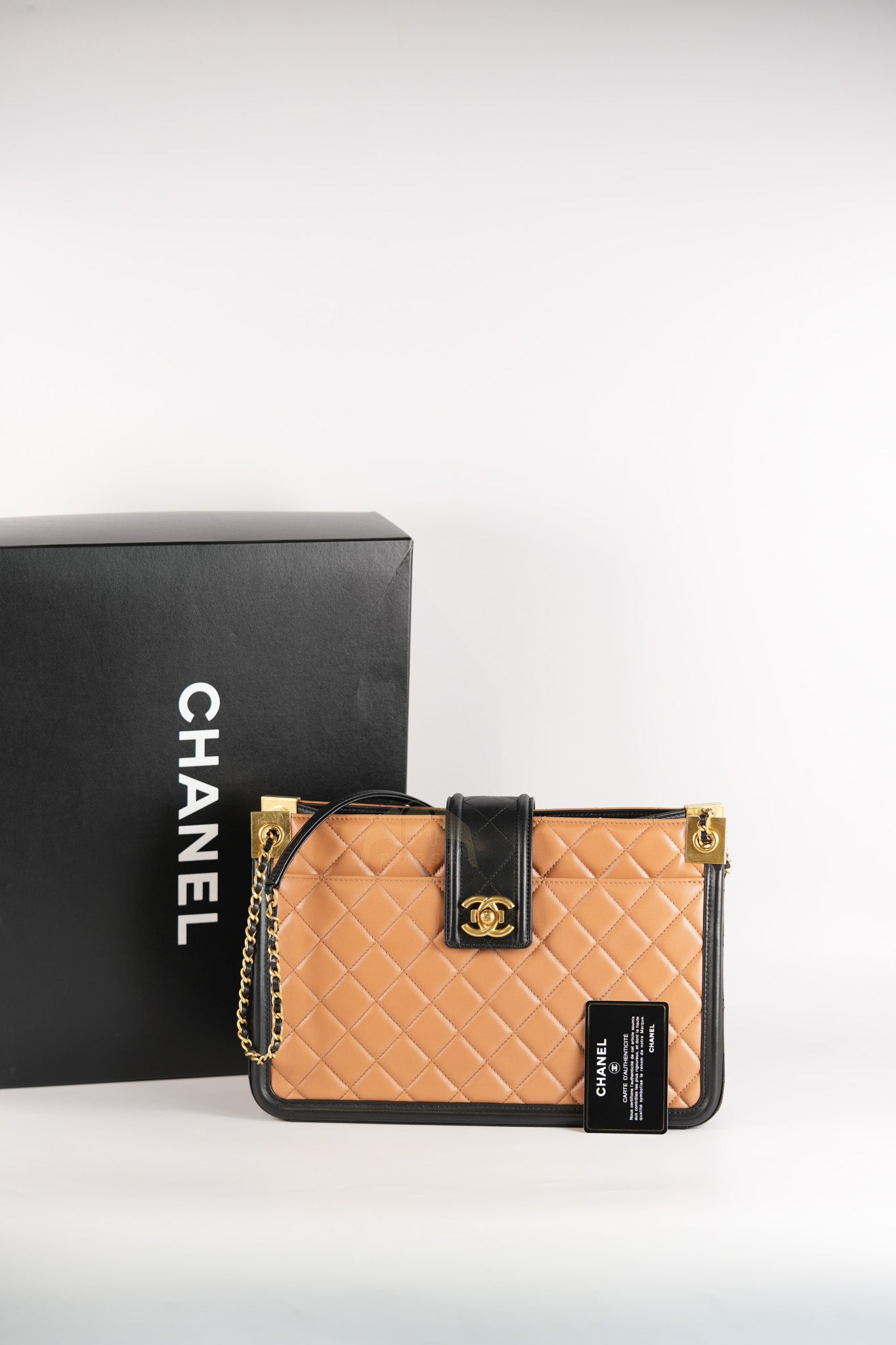 Elegant CC Tote Bag Medium in Beige Black Quilted Lambskin Leather Aged Gold Hardware(Series 23) | Purse Maison Luxury Bags Shop