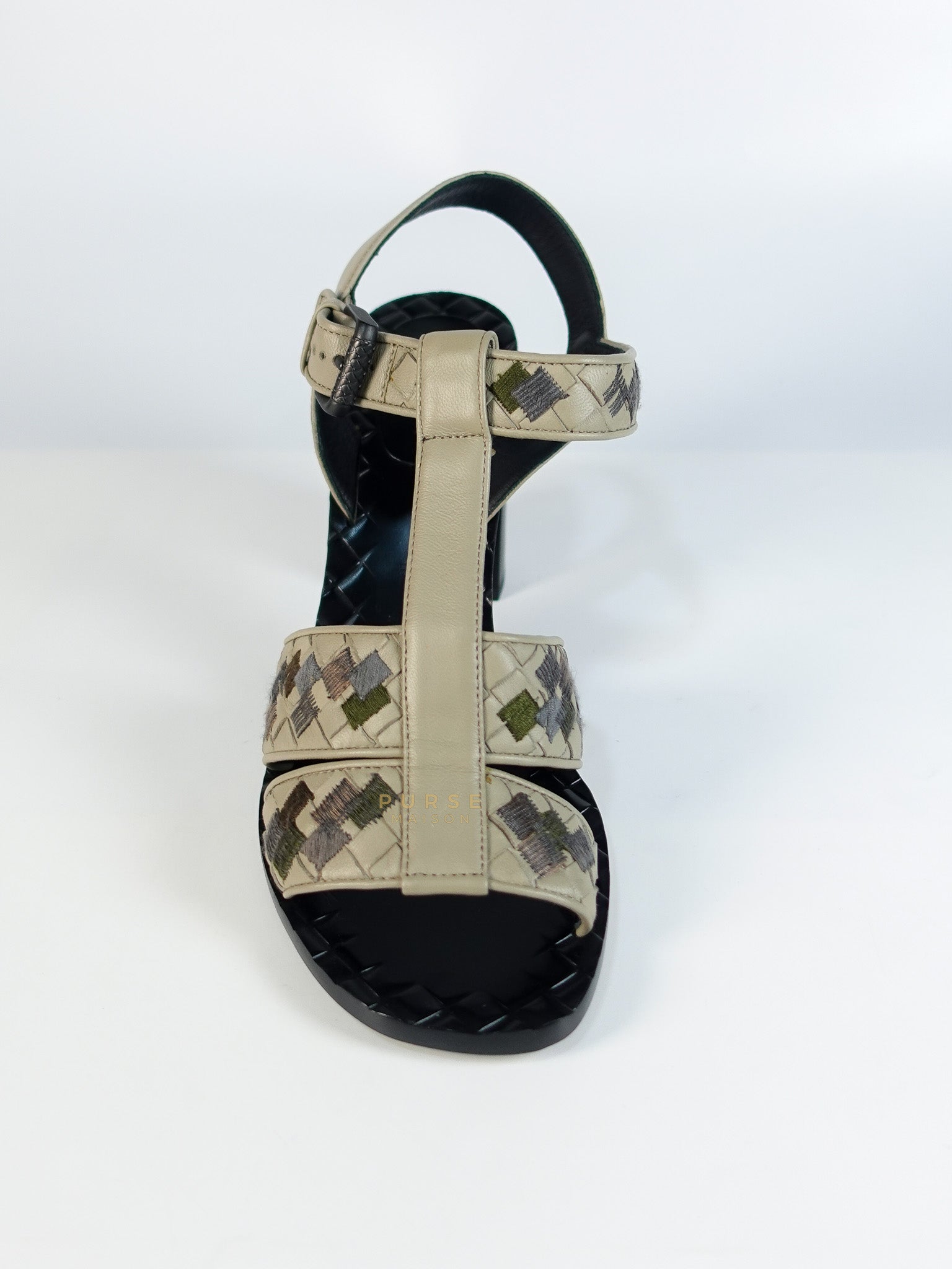 Embroidered Chunky Heels Sandals in Gray Size 39 EU (24.5cm) | Purse Maison Luxury Bags Shop