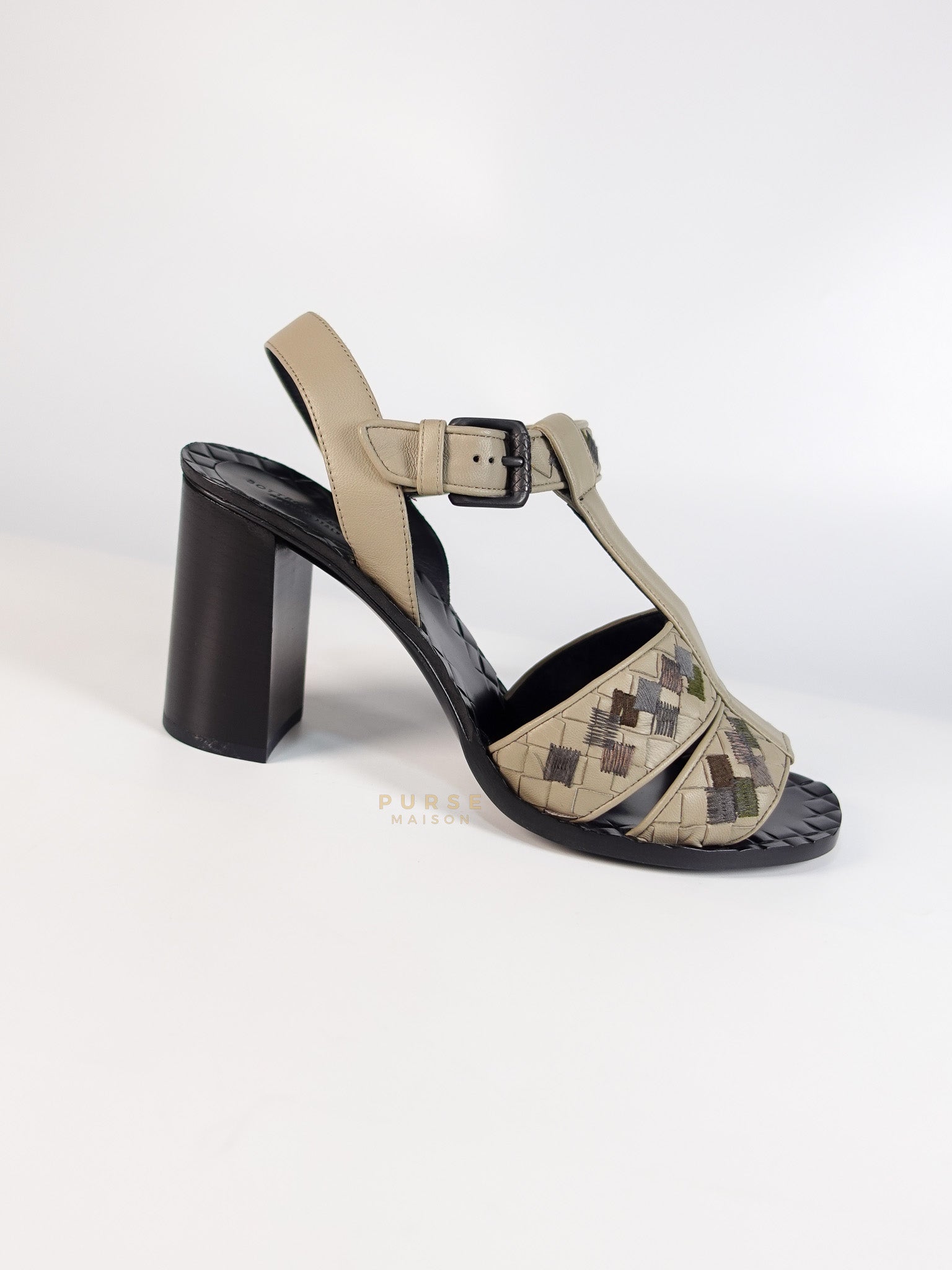 Embroidered Chunky Heels Sandals in Gray Size 39 EU (24.5cm) | Purse Maison Luxury Bags Shop