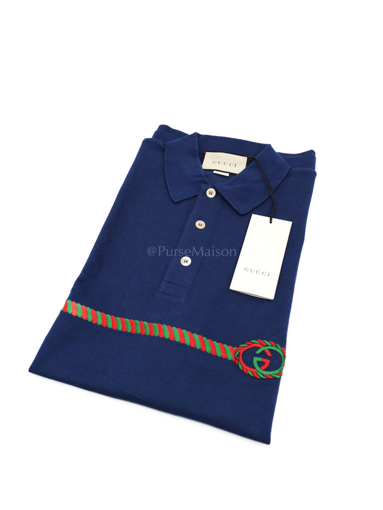 Embroidered Logo in Blue Pique Woven Polo Shirts Size Large | Purse Maison Luxury Bags Shop