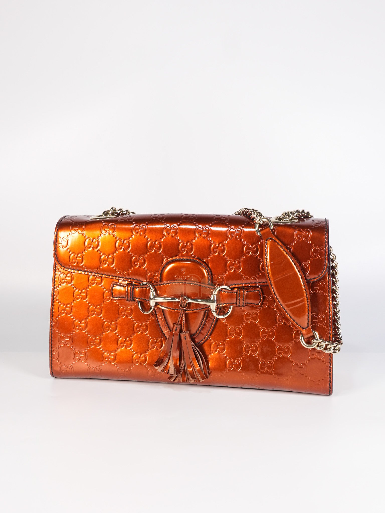 Emily Medium Metallic Guccissima Patent Orange Leather Chain Shoulder Bag | Purse Maison Luxury Bags Shop