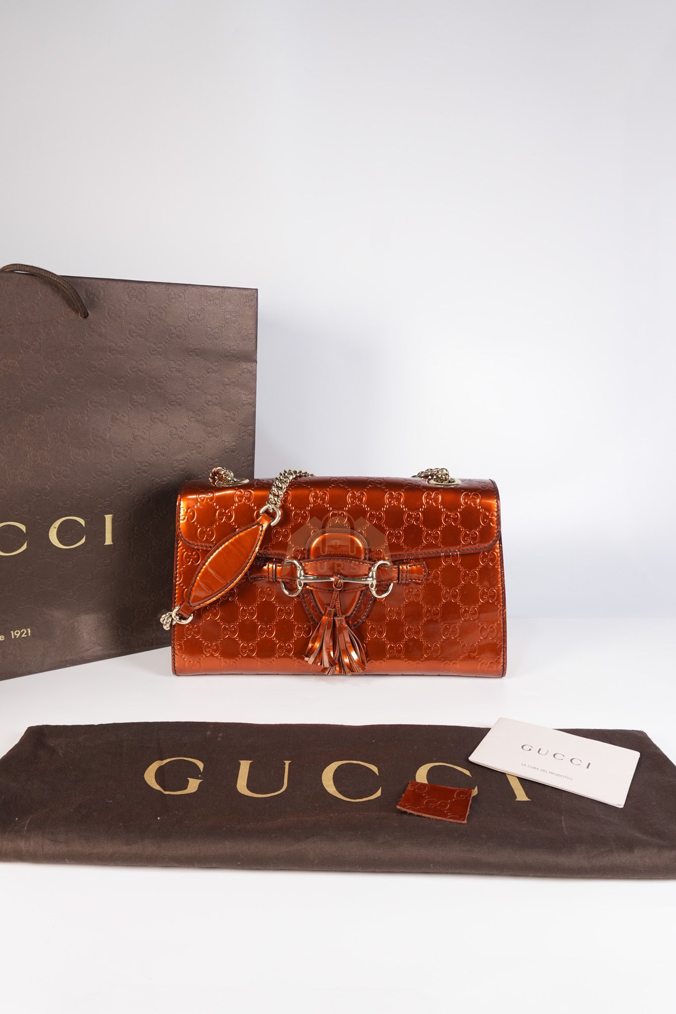 Emily Medium Metallic Guccissima Patent Orange Leather Chain Shoulder Bag | Purse Maison Luxury Bags Shop