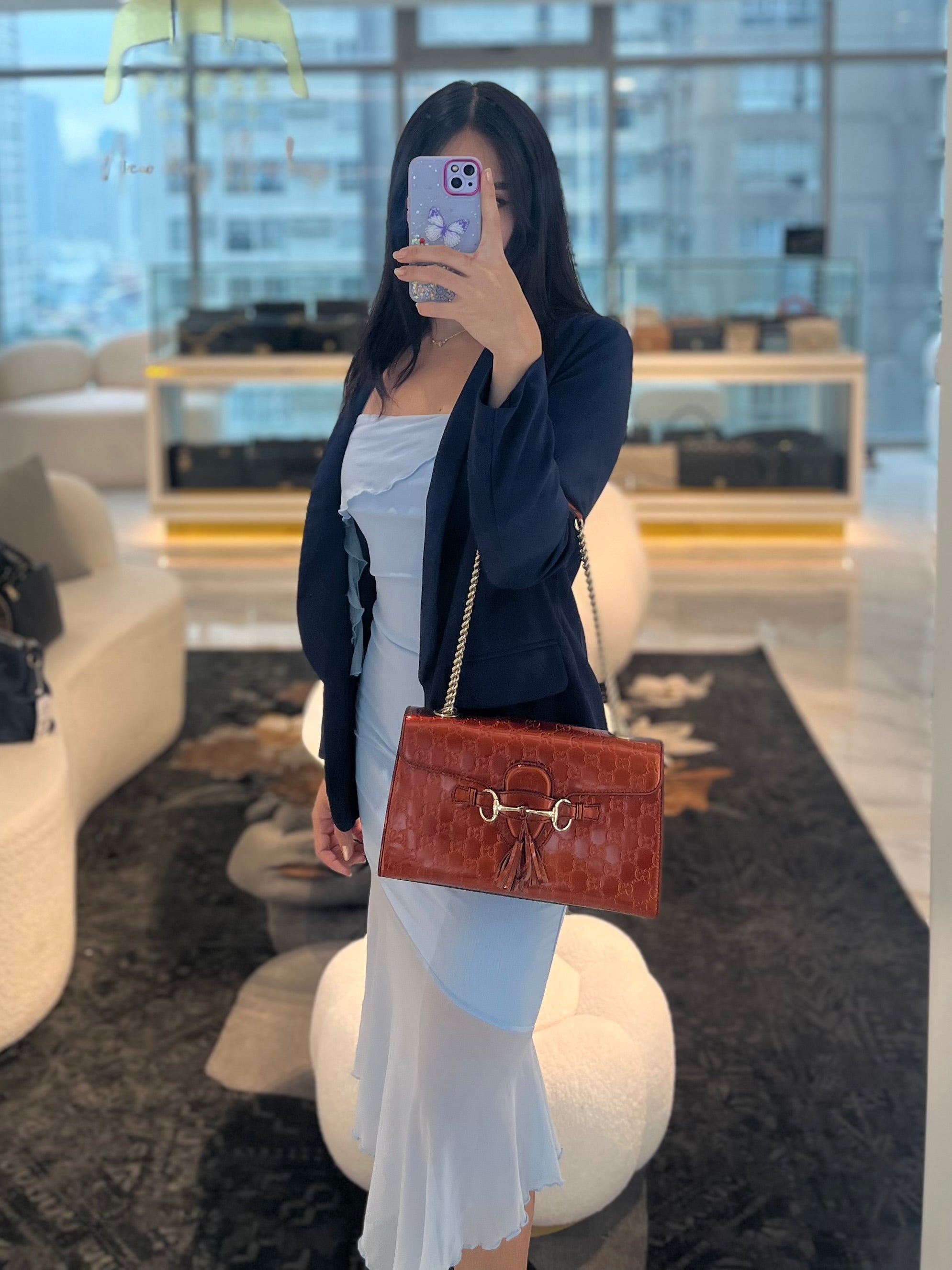 Emily Medium Metallic Guccissima Patent Orange Leather Chain Shoulder Bag | Purse Maison Luxury Bags Shop