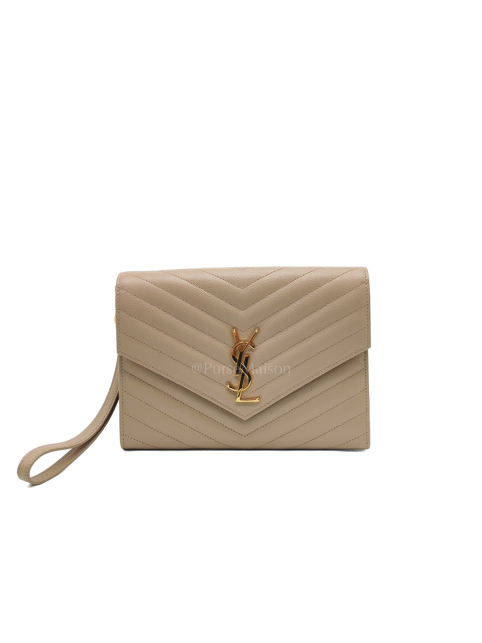 Envelope Clutch Bag in Beige Grain De Poudre Leather & Gold Hardware | Purse Maison Luxury Bags Shop