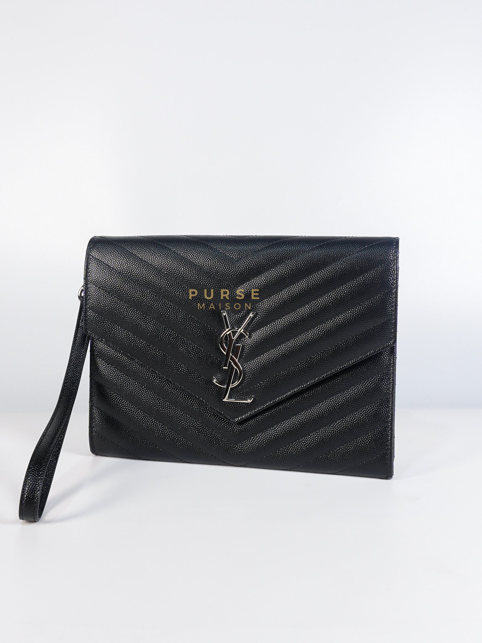 Envelope Clutch Bag in Black Chevron Matelasse Grain De Poudre Leather & Silver Hardware | Purse Maison Luxury Bags Shop