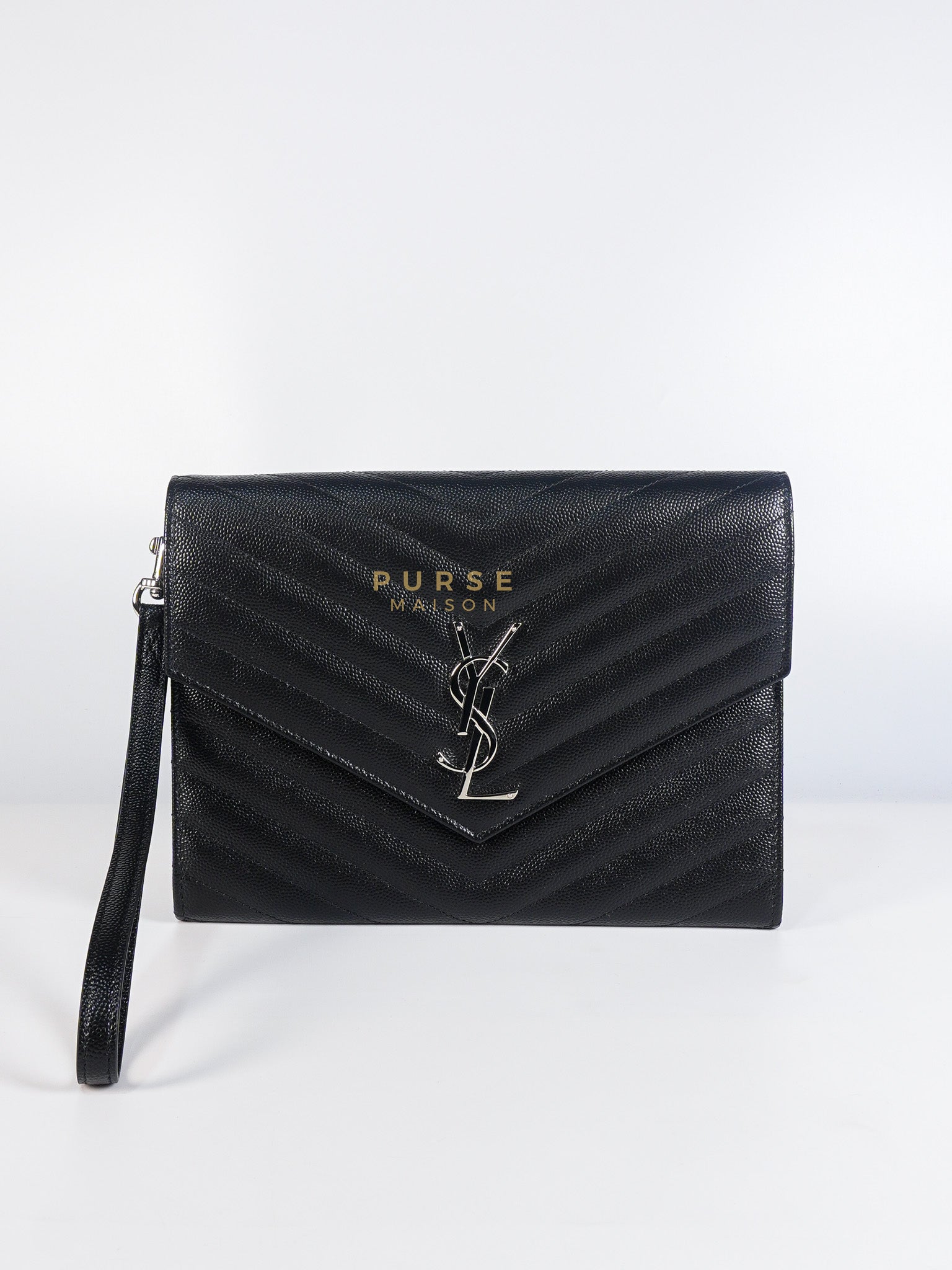 Envelope Clutch Bag in Black Chevron Matelasse Grain De Poudre Leather & Silver Hardware | Purse Maison Luxury Bags Shop