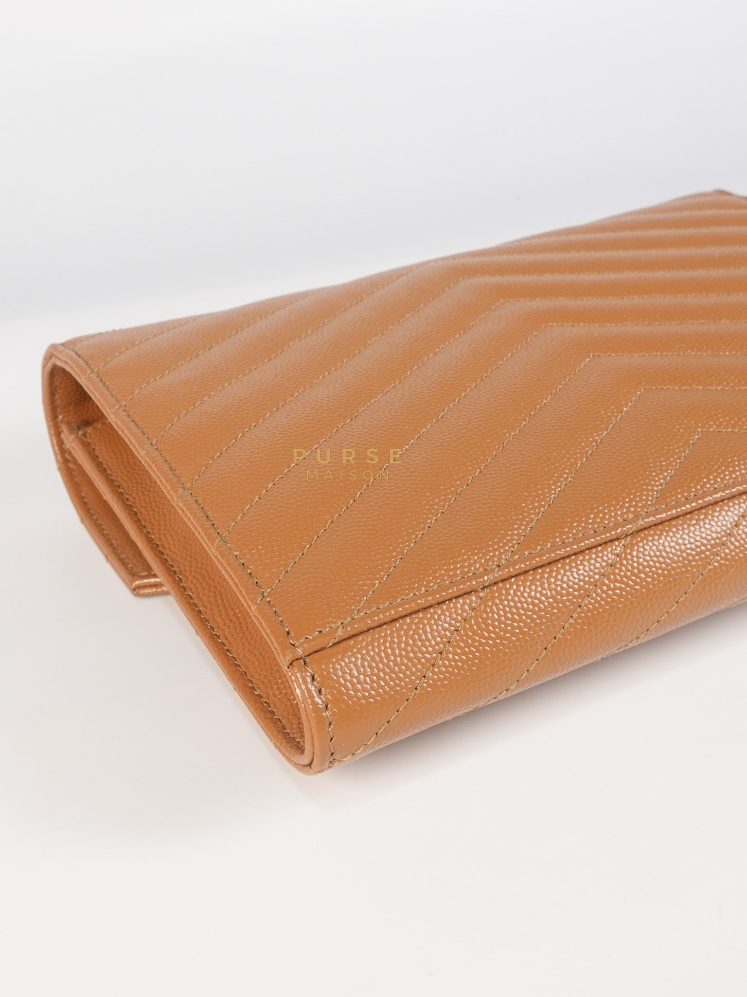 Envelope Clutch in Dark Caramel Cassandre Matellase Leather & Gold Hardware | Purse Maison Luxury Bags Shop