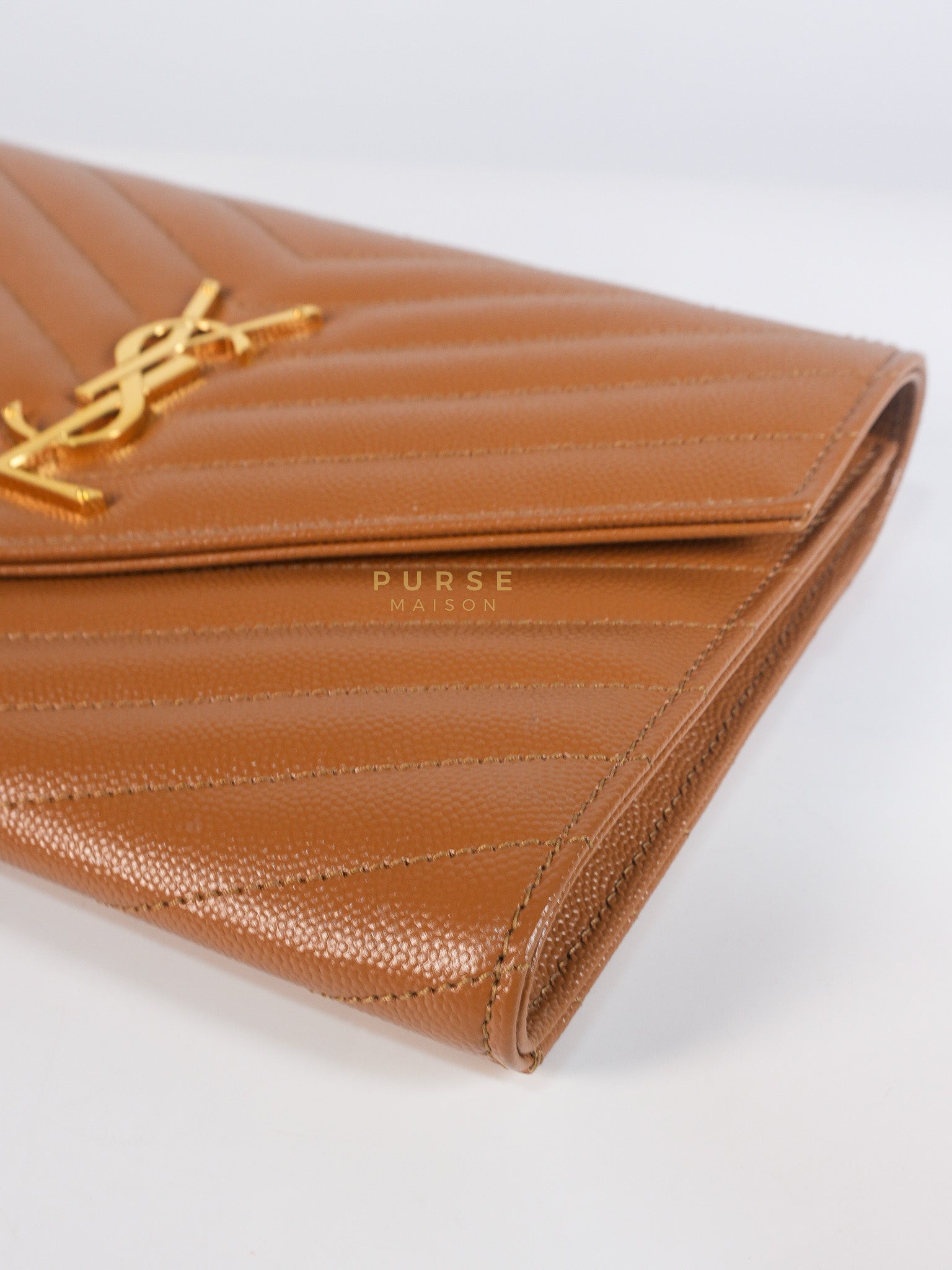 Envelope Clutch in Dark Caramel Cassandre Matellase Leather & Gold Hardware | Purse Maison Luxury Bags Shop