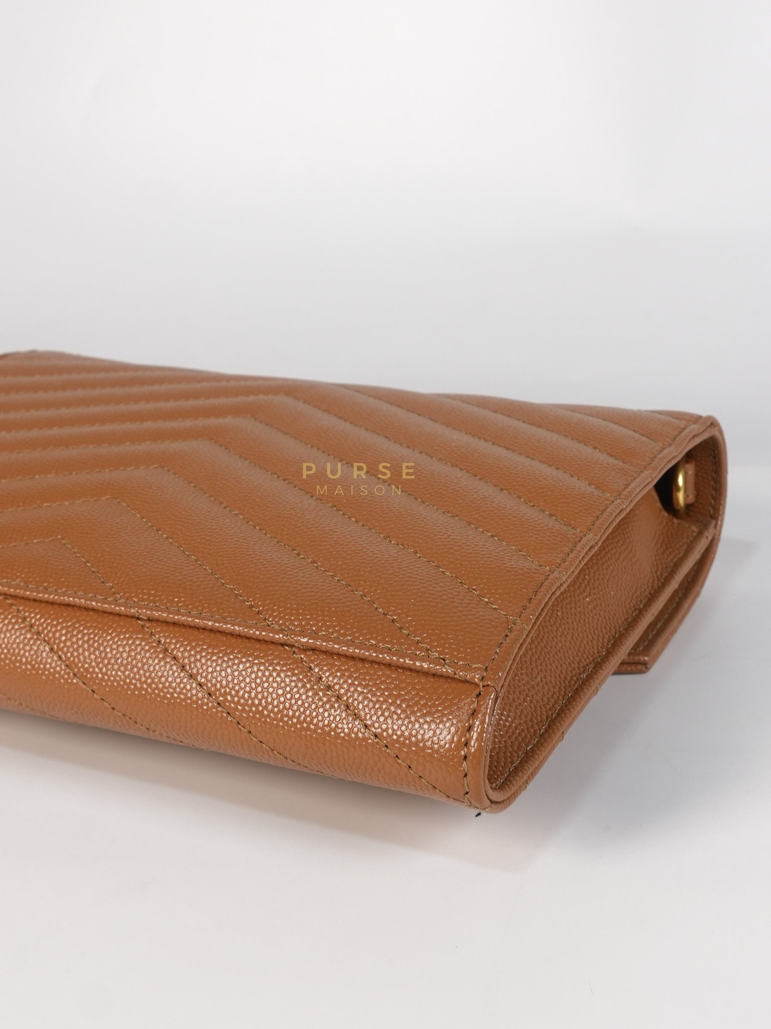 Envelope Clutch in Dark Caramel Cassandre Matellase Leather & Gold Hardware | Purse Maison Luxury Bags Shop