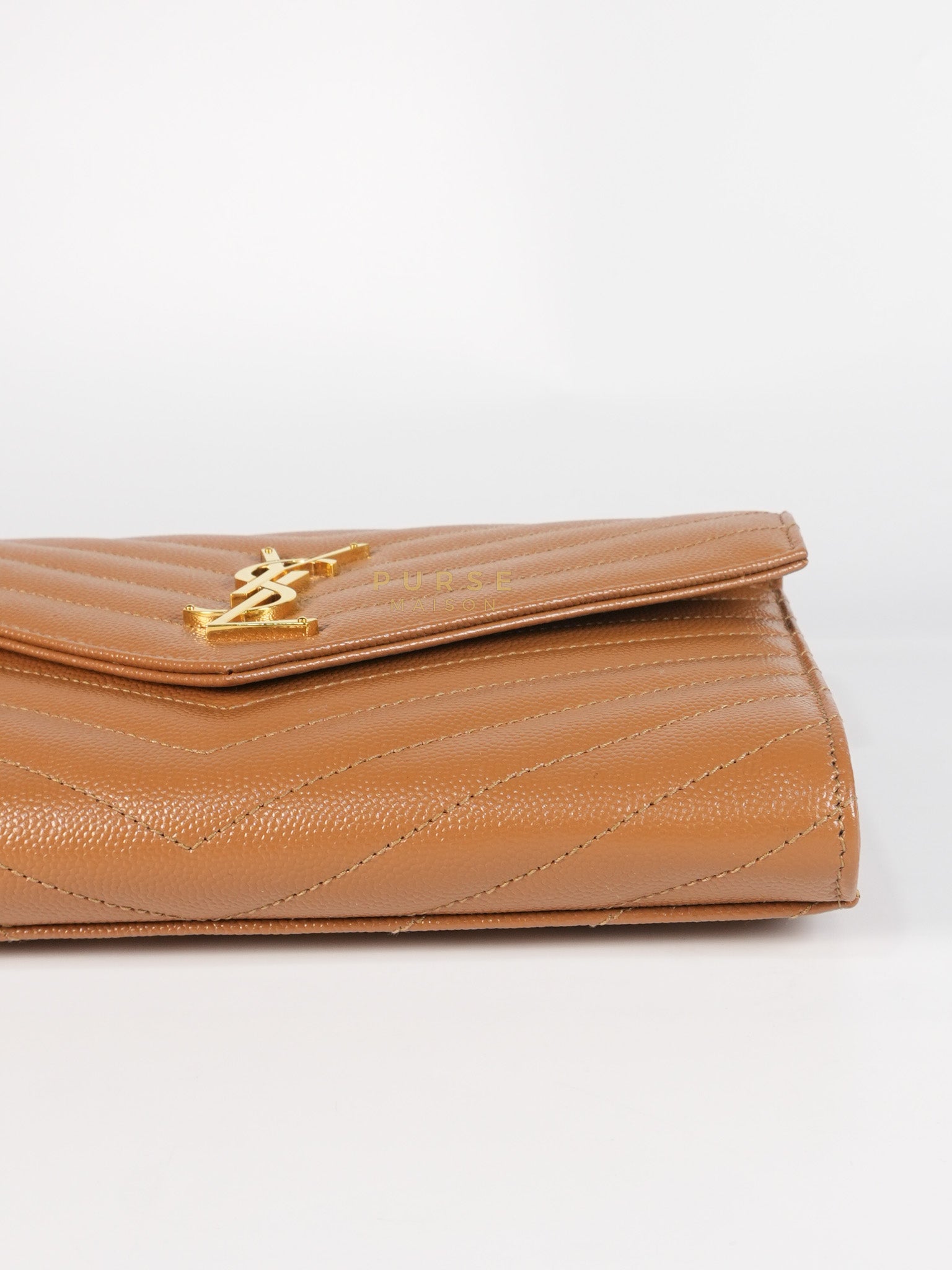 Envelope Clutch in Dark Caramel Cassandre Matellase Leather & Gold Hardware | Purse Maison Luxury Bags Shop