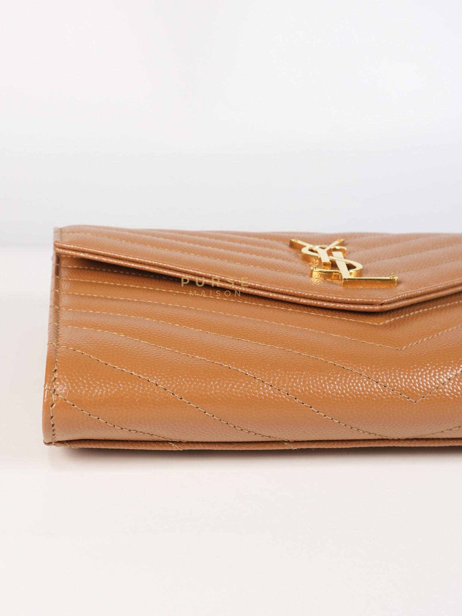 Envelope Clutch in Dark Caramel Cassandre Matellase Leather & Gold Hardware | Purse Maison Luxury Bags Shop