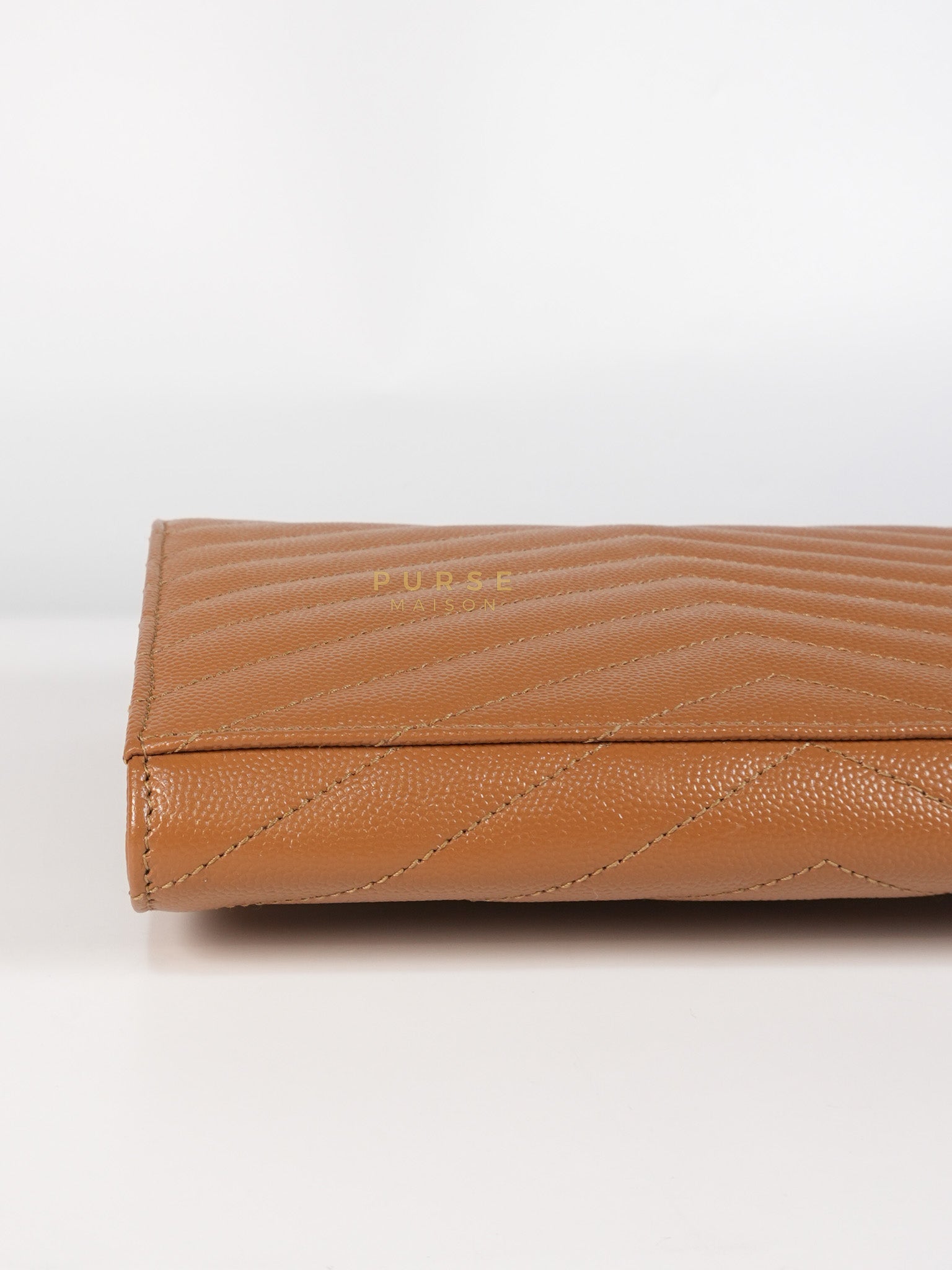 Envelope Clutch in Dark Caramel Cassandre Matellase Leather & Gold Hardware | Purse Maison Luxury Bags Shop