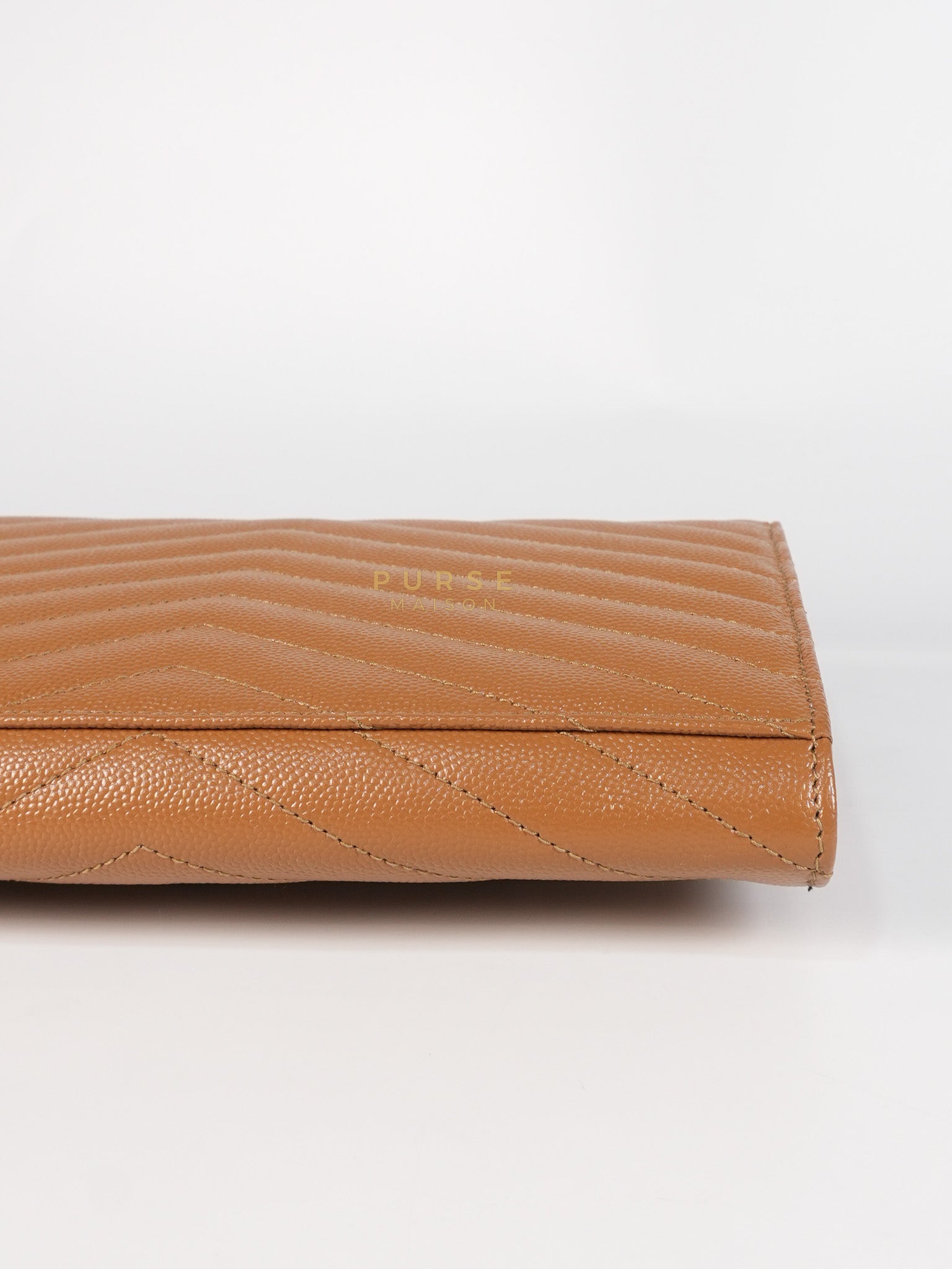 Envelope Clutch in Dark Caramel Cassandre Matellase Leather & Gold Hardware | Purse Maison Luxury Bags Shop