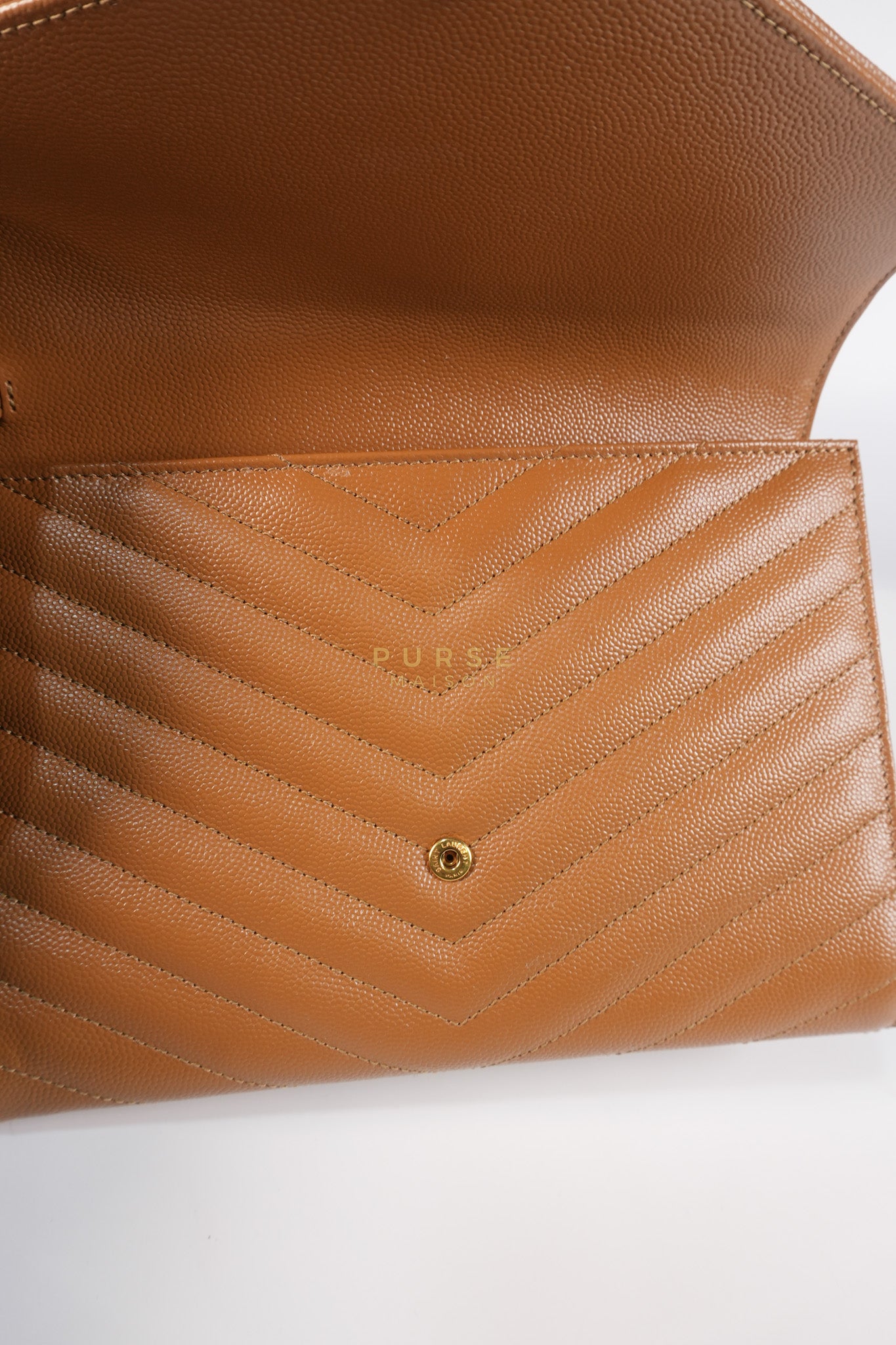 Envelope Clutch in Dark Caramel Cassandre Matellase Leather & Gold Hardware | Purse Maison Luxury Bags Shop