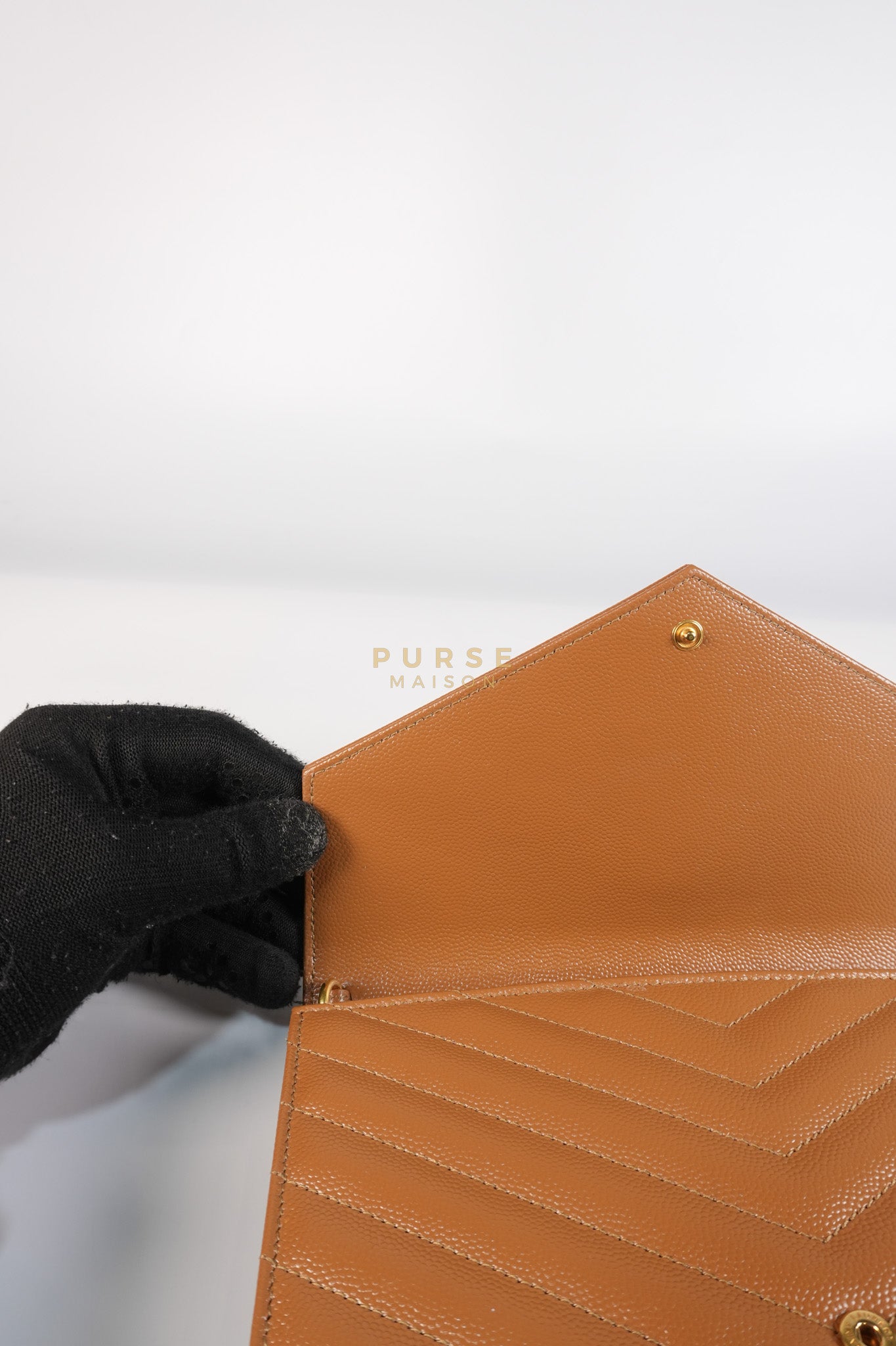 Envelope Clutch in Dark Caramel Cassandre Matellase Leather & Gold Hardware | Purse Maison Luxury Bags Shop