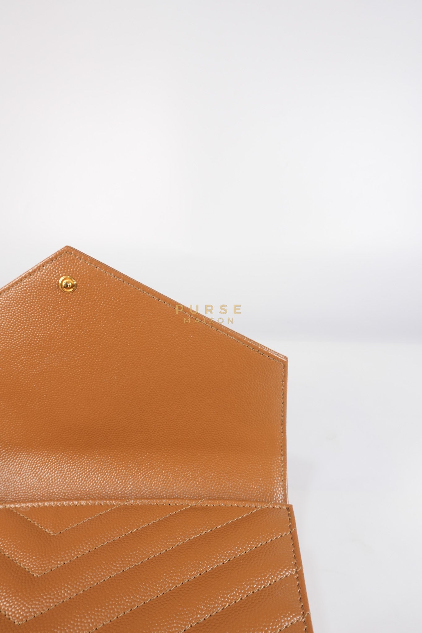 Envelope Clutch in Dark Caramel Cassandre Matellase Leather & Gold Hardware | Purse Maison Luxury Bags Shop