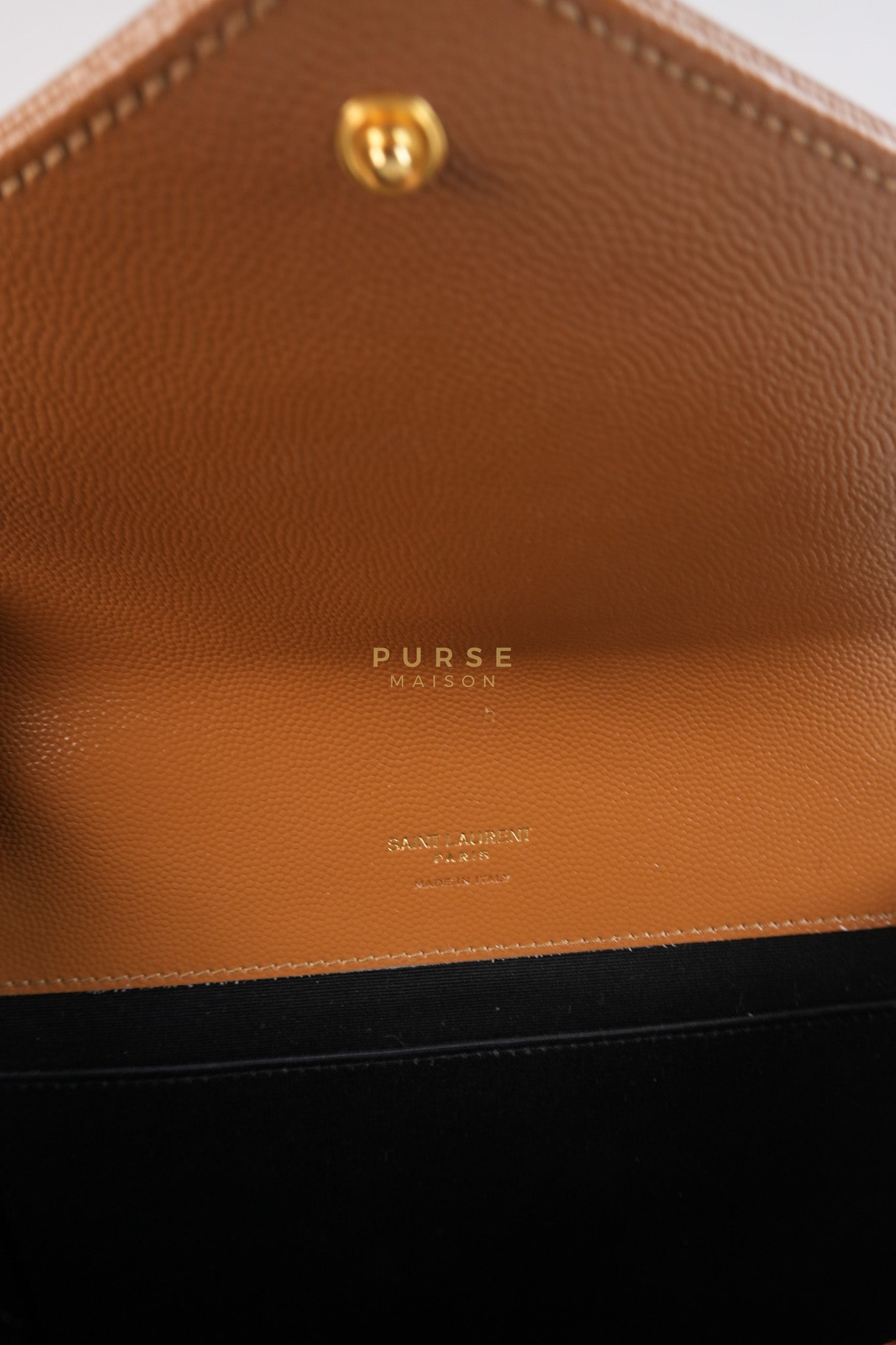 Envelope Clutch in Dark Caramel Cassandre Matellase Leather & Gold Hardware | Purse Maison Luxury Bags Shop