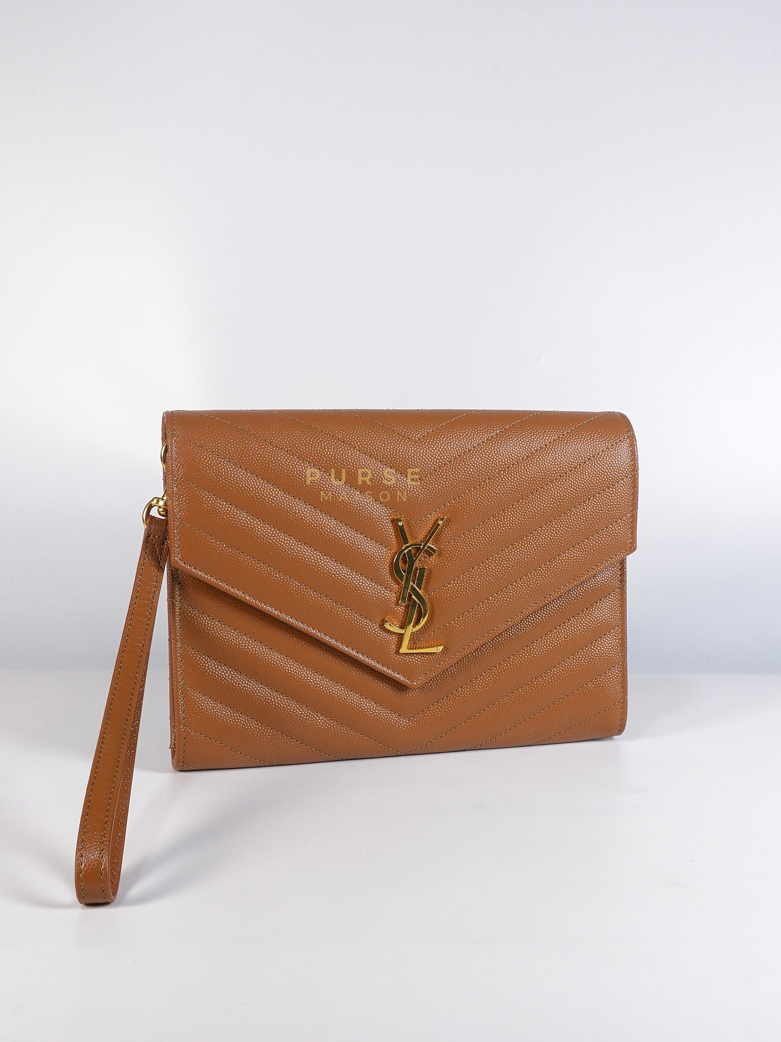 Envelope Clutch in Dark Caramel Cassandre Matellase Leather & Gold Hardware | Purse Maison Luxury Bags Shop