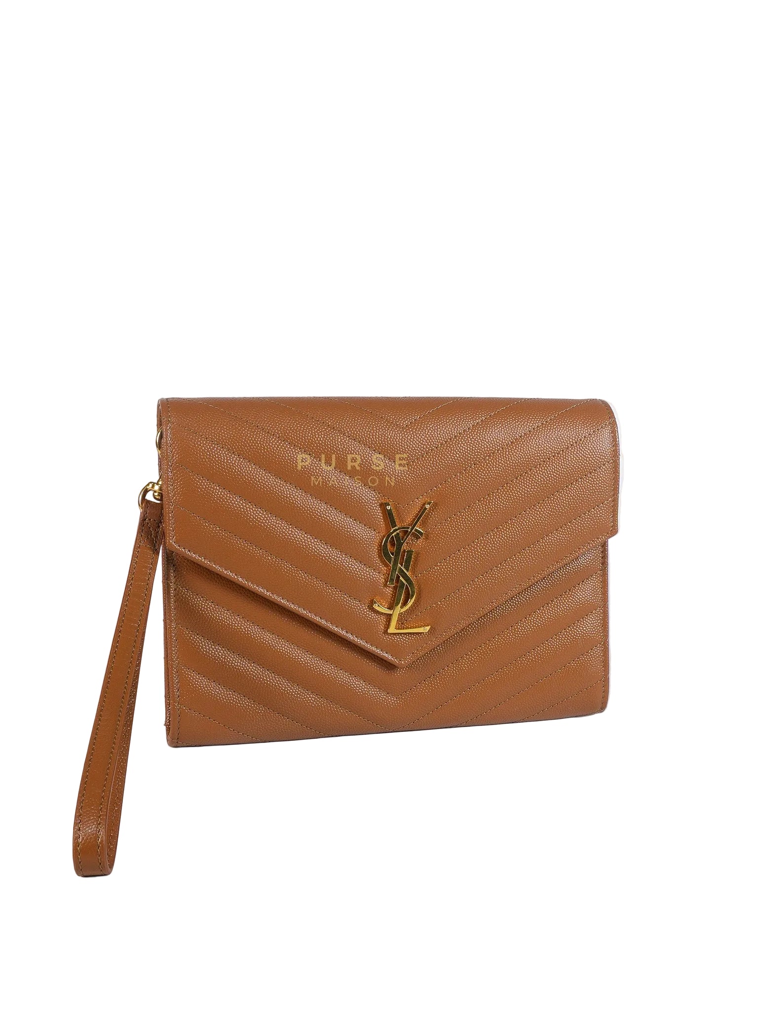 Envelope Clutch in Dark Caramel Cassandre Matellase Leather & Gold Hardware | Purse Maison Luxury Bags Shop