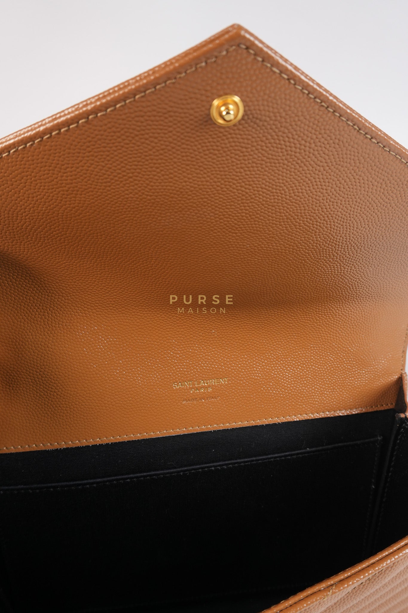 Envelope Clutch in Dark Caramel Cassandre Matellase Leather & Gold Hardware | Purse Maison Luxury Bags Shop