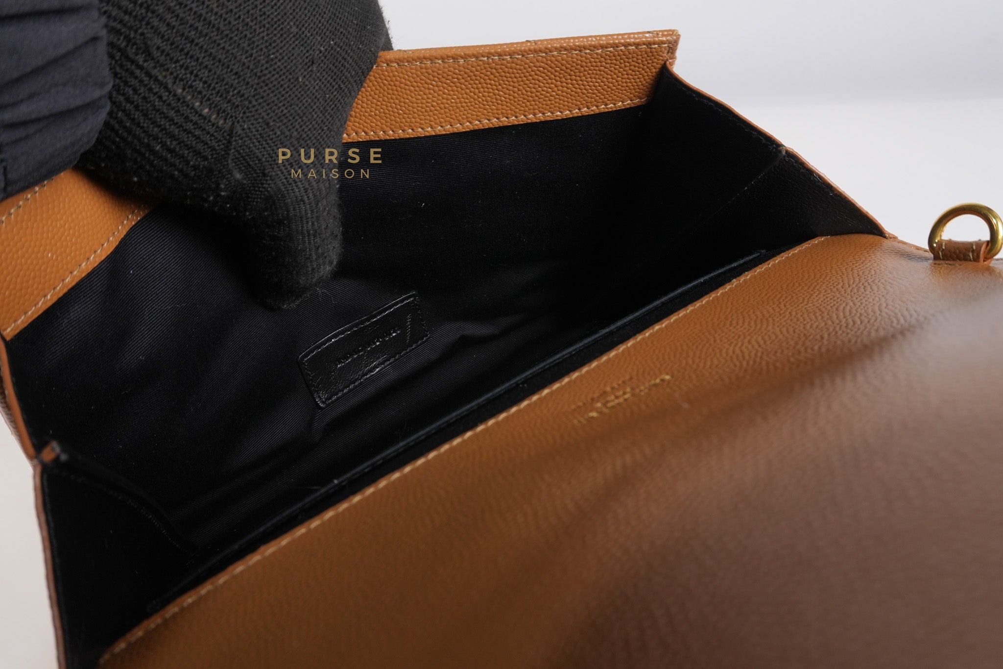 Envelope Clutch in Dark Caramel Cassandre Matellase Leather & Gold Hardware | Purse Maison Luxury Bags Shop