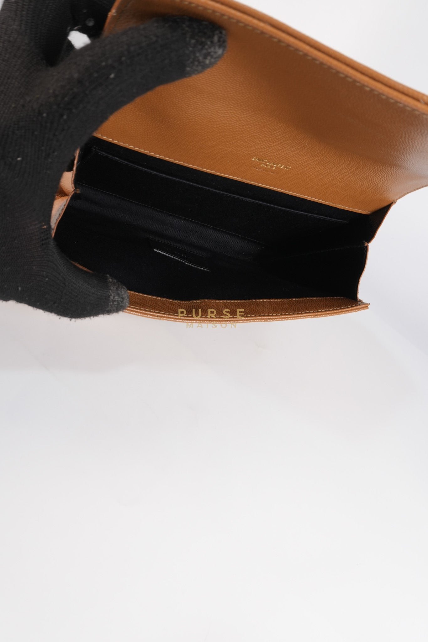 Envelope Clutch in Dark Caramel Cassandre Matellase Leather & Gold Hardware | Purse Maison Luxury Bags Shop