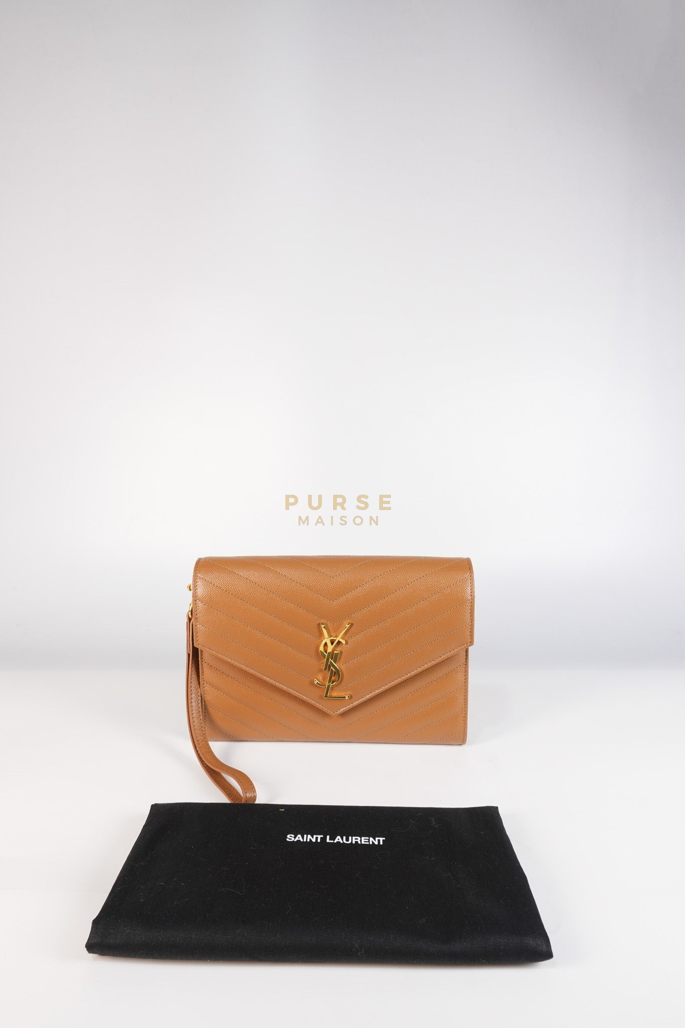 Envelope Clutch in Dark Caramel Cassandre Matellase Leather & Gold Hardware | Purse Maison Luxury Bags Shop