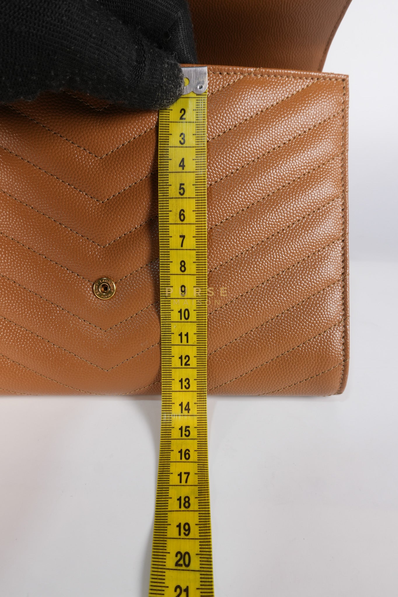 Envelope Clutch in Dark Caramel Cassandre Matellase Leather & Gold Hardware | Purse Maison Luxury Bags Shop