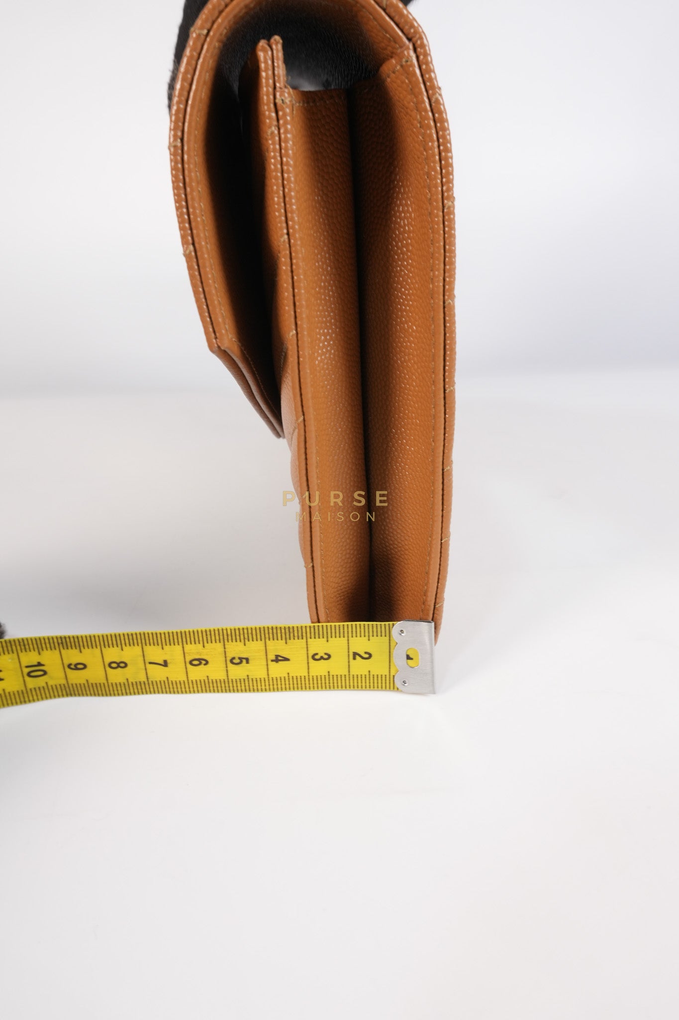 Envelope Clutch in Dark Caramel Cassandre Matellase Leather & Gold Hardware | Purse Maison Luxury Bags Shop