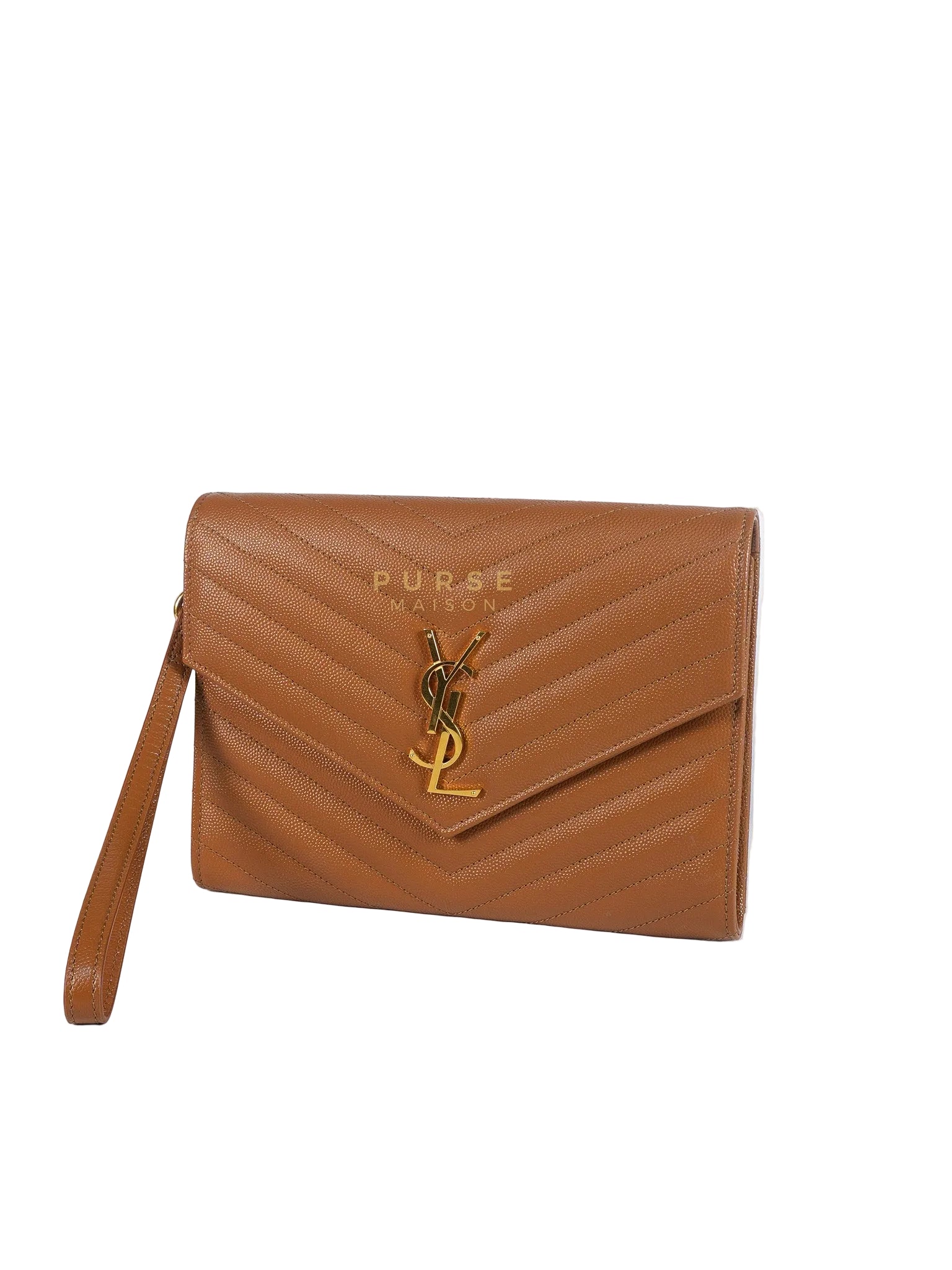 Envelope Clutch in Dark Caramel Cassandre Matellase Leather & Gold Hardware | Purse Maison Luxury Bags Shop