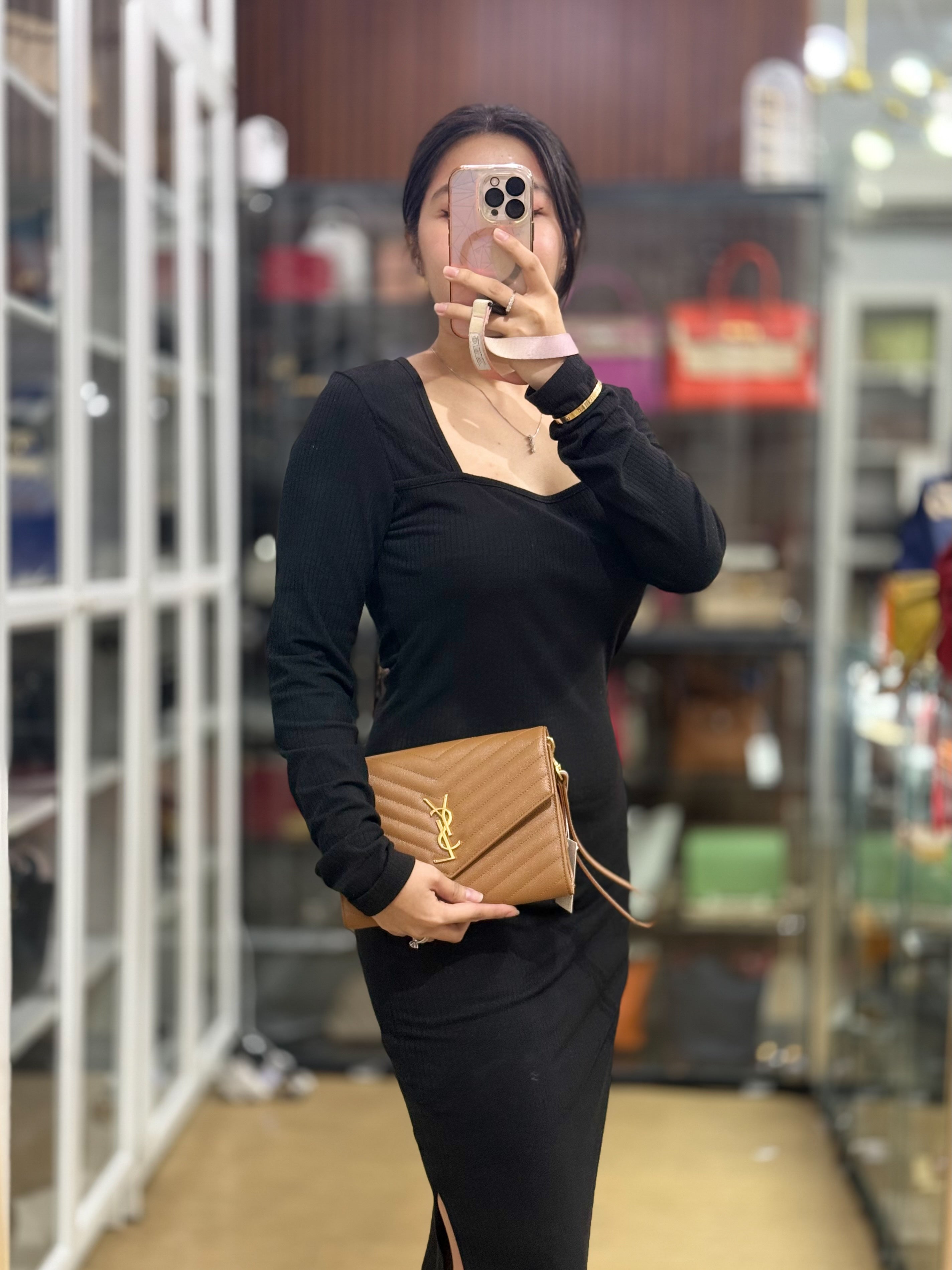 Envelope Clutch in Dark Caramel Cassandre Matellase Leather & Gold Hardware | Purse Maison Luxury Bags Shop