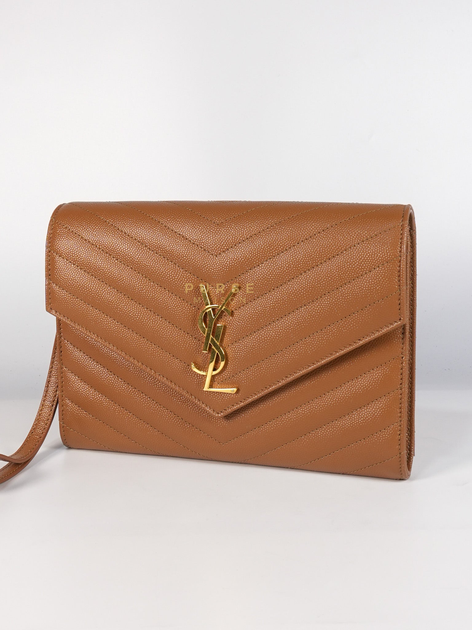 Envelope Clutch in Dark Caramel Cassandre Matellase Leather & Gold Hardware | Purse Maison Luxury Bags Shop