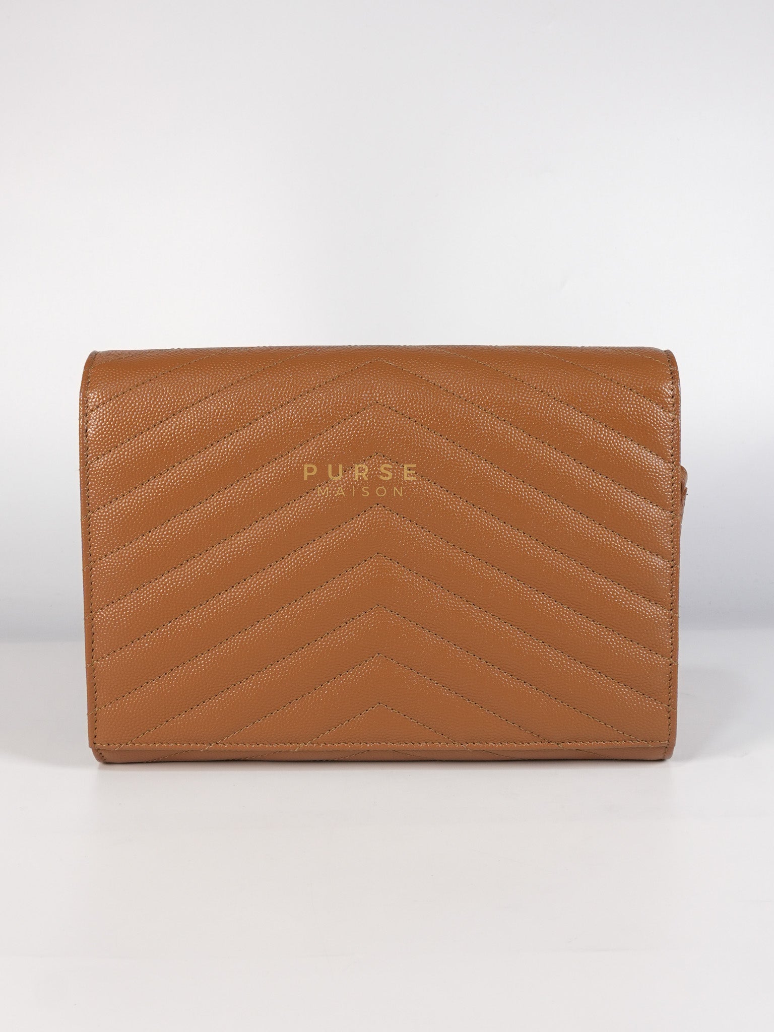 Envelope Clutch in Dark Caramel Cassandre Matellase Leather & Gold Hardware | Purse Maison Luxury Bags Shop