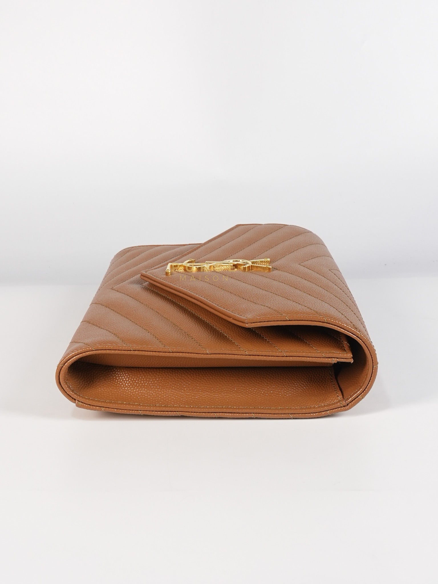 Envelope Clutch in Dark Caramel Cassandre Matellase Leather & Gold Hardware | Purse Maison Luxury Bags Shop