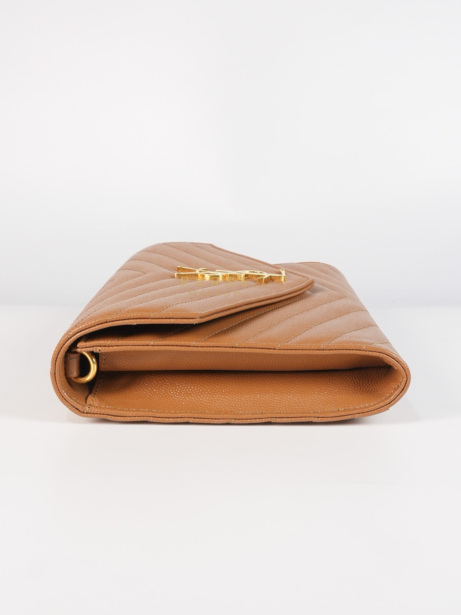 Envelope Clutch in Dark Caramel Cassandre Matellase Leather & Gold Hardware | Purse Maison Luxury Bags Shop