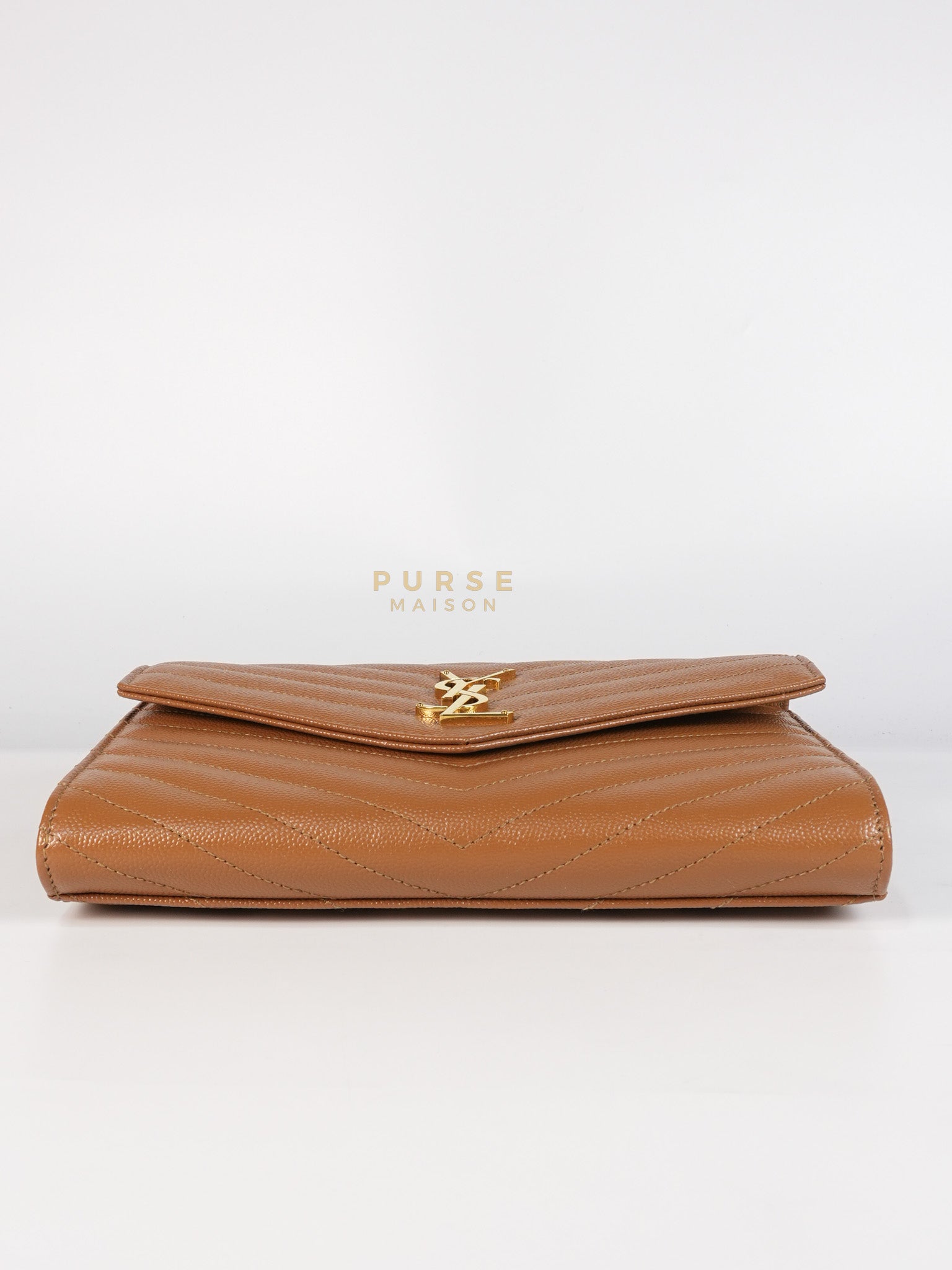 Envelope Clutch in Dark Caramel Cassandre Matellase Leather & Gold Hardware | Purse Maison Luxury Bags Shop