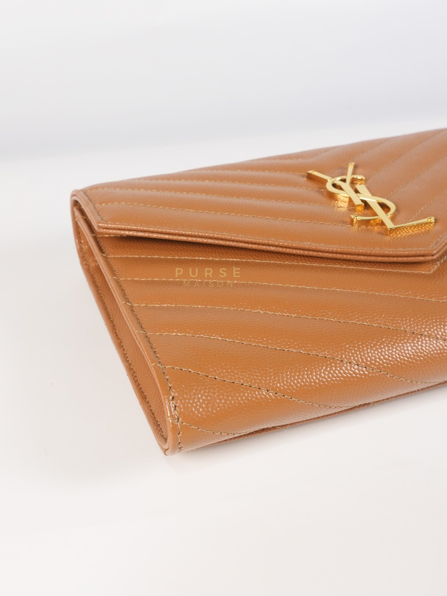 Envelope Clutch in Dark Caramel Cassandre Matellase Leather & Gold Hardware | Purse Maison Luxury Bags Shop