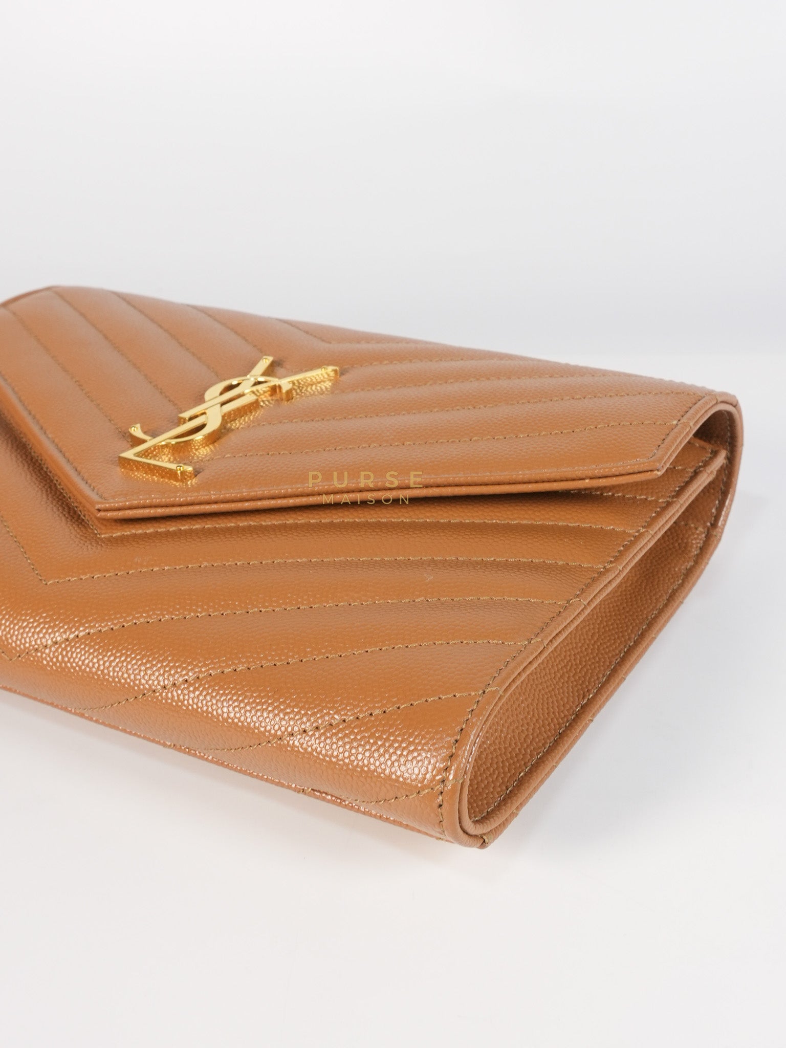 Envelope Clutch in Dark Caramel Cassandre Matellase Leather & Gold Hardware | Purse Maison Luxury Bags Shop