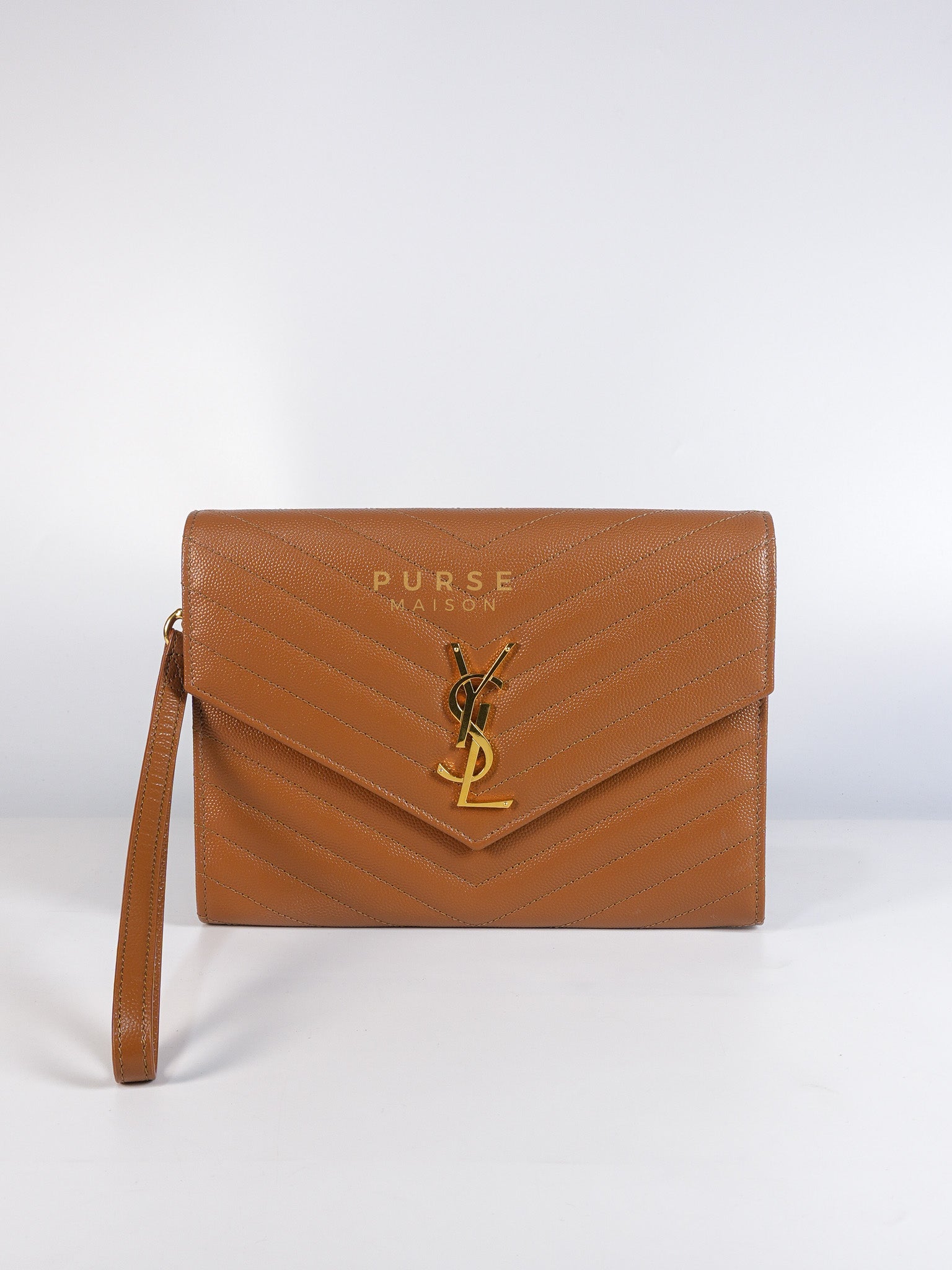 Envelope Clutch in Dark Caramel Cassandre Matellase Leather & Gold Hardware | Purse Maison Luxury Bags Shop