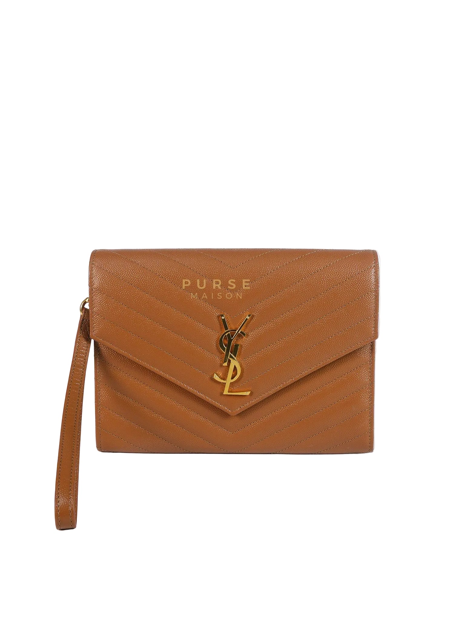 Envelope Clutch in Dark Caramel Cassandre Matellase Leather & Gold Hardware | Purse Maison Luxury Bags Shop