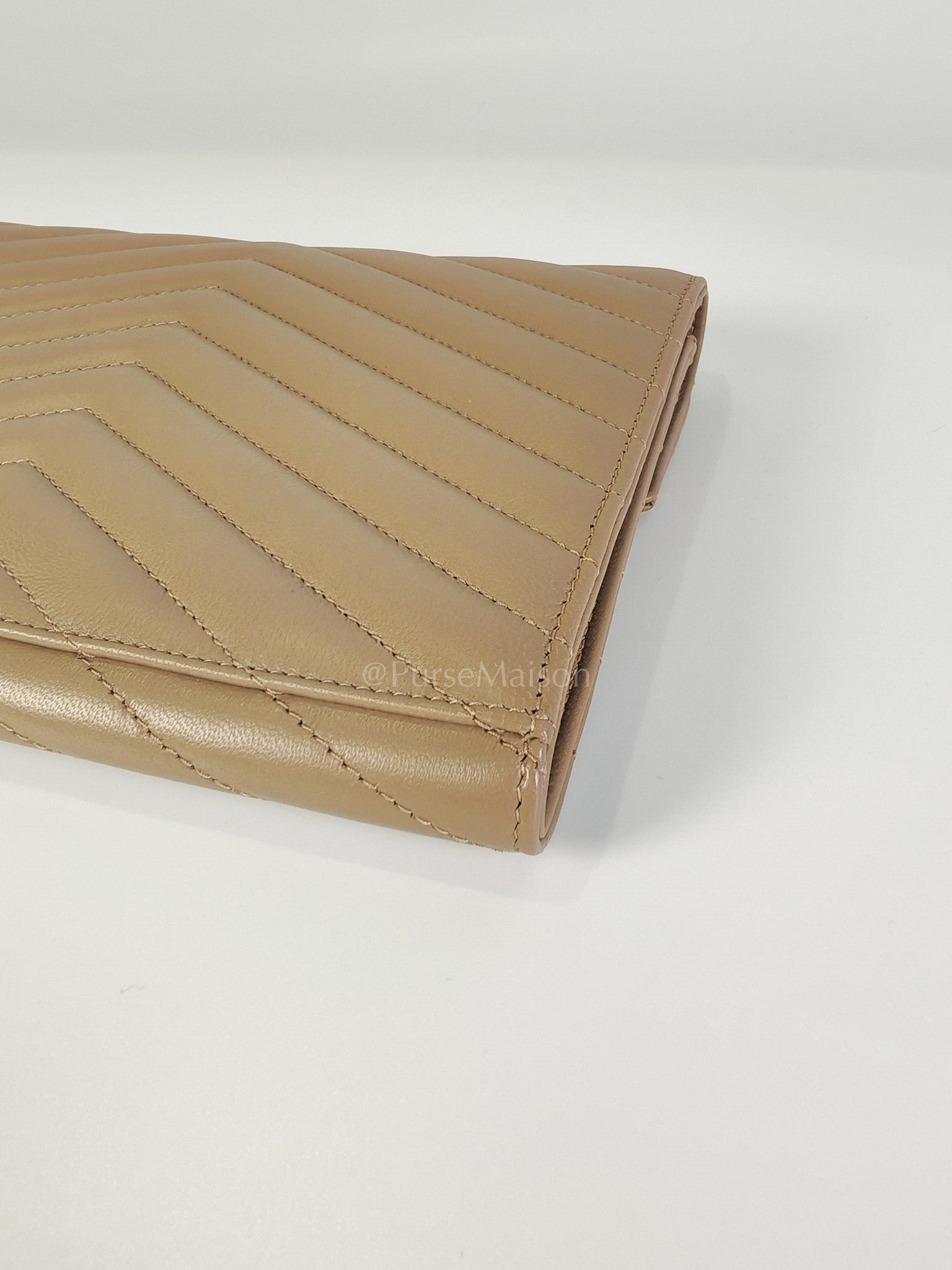 Envelope Clutch in Taupe Cassandre Matellase Calfskin Leather & Gold Hardware | Purse Maison Luxury Bags Shop