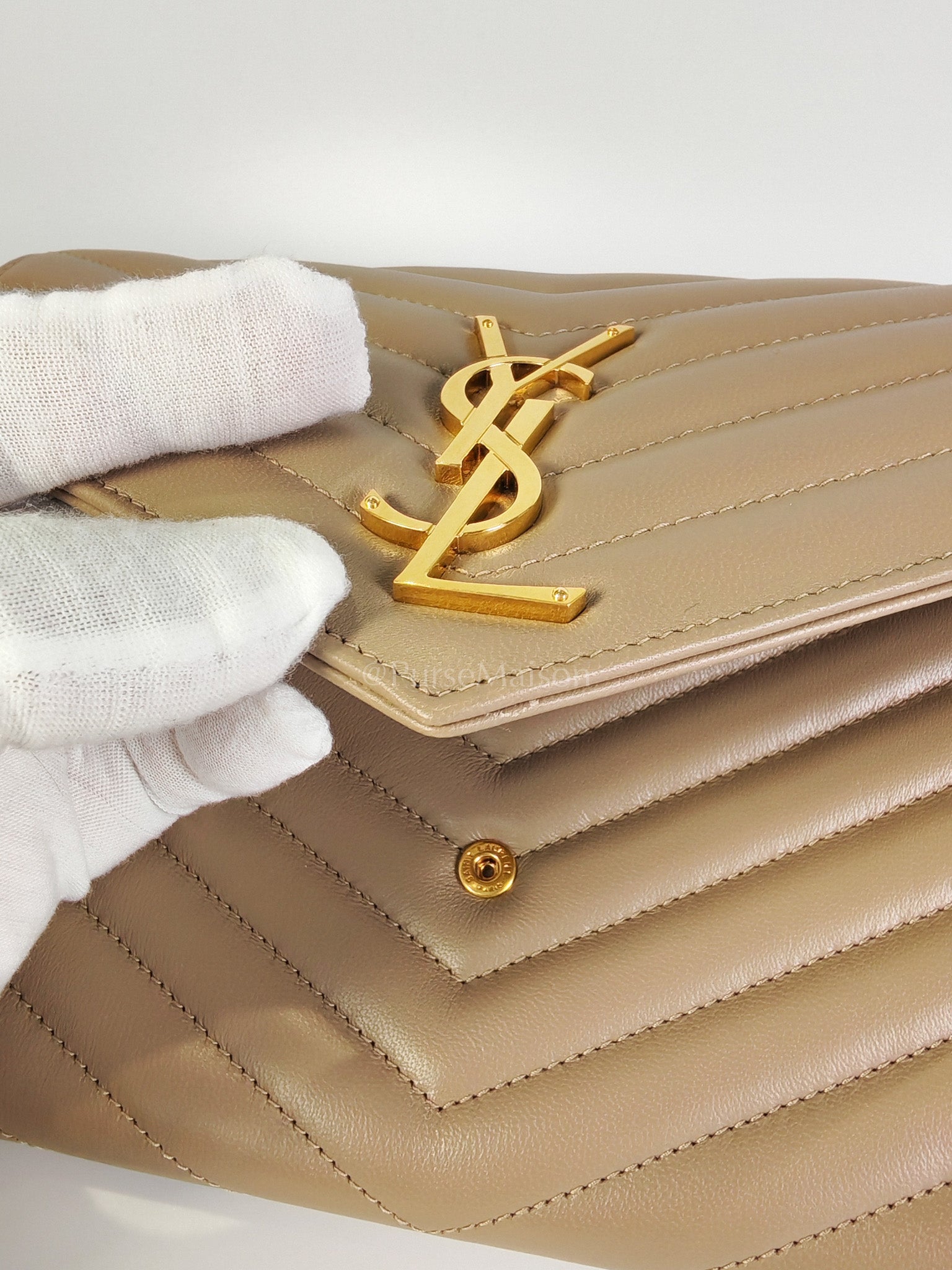 Envelope Clutch in Taupe Cassandre Matellase Calfskin Leather & Gold Hardware | Purse Maison Luxury Bags Shop