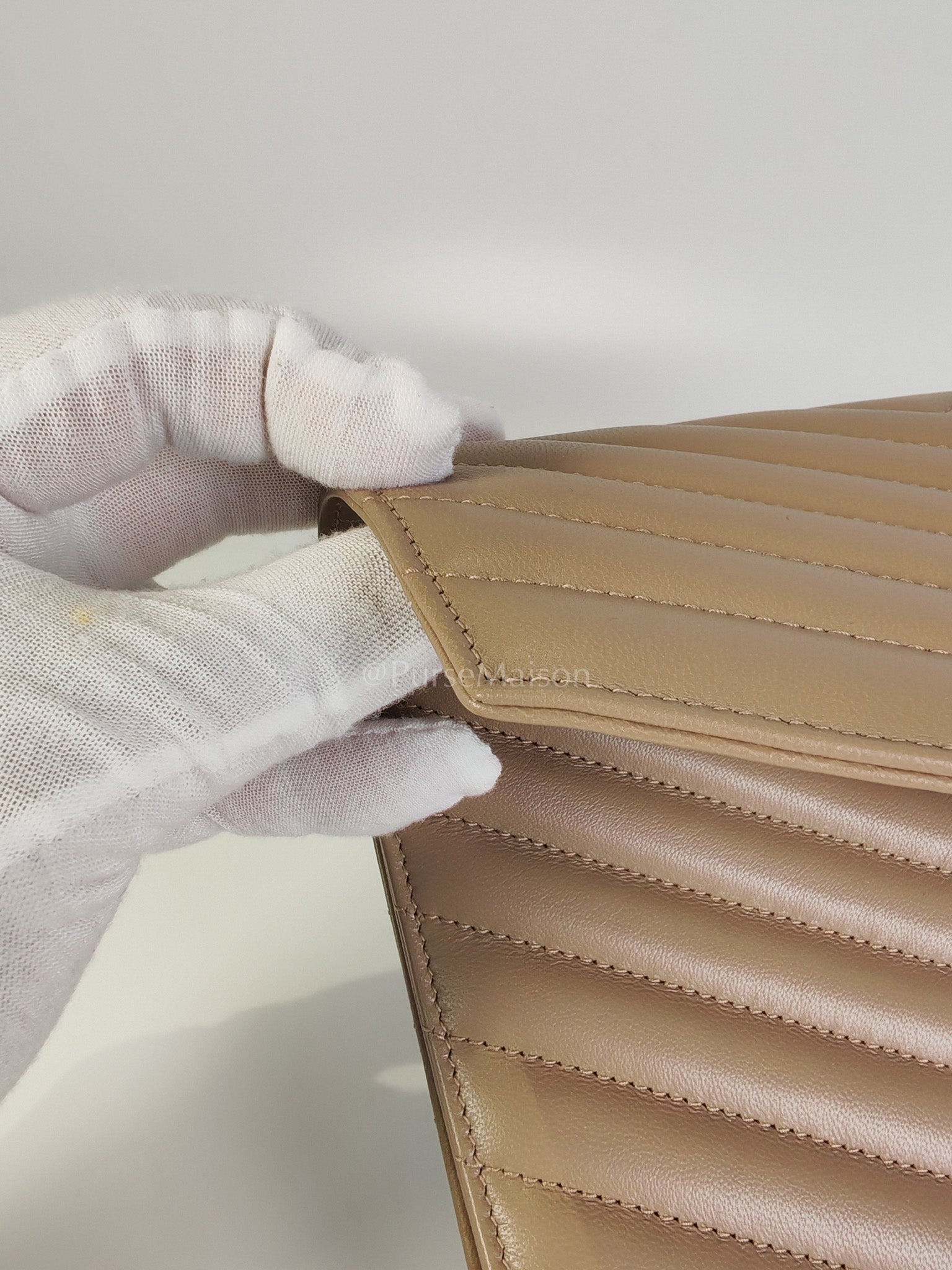 Envelope Clutch in Taupe Cassandre Matellase Calfskin Leather & Gold Hardware | Purse Maison Luxury Bags Shop