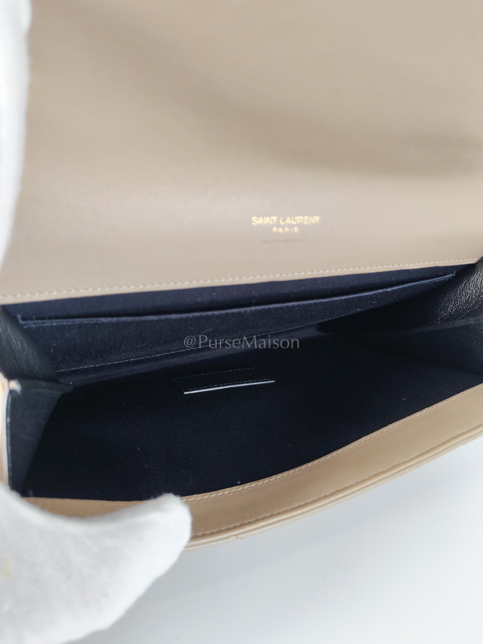 Envelope Clutch in Taupe Cassandre Matellase Calfskin Leather & Gold Hardware | Purse Maison Luxury Bags Shop