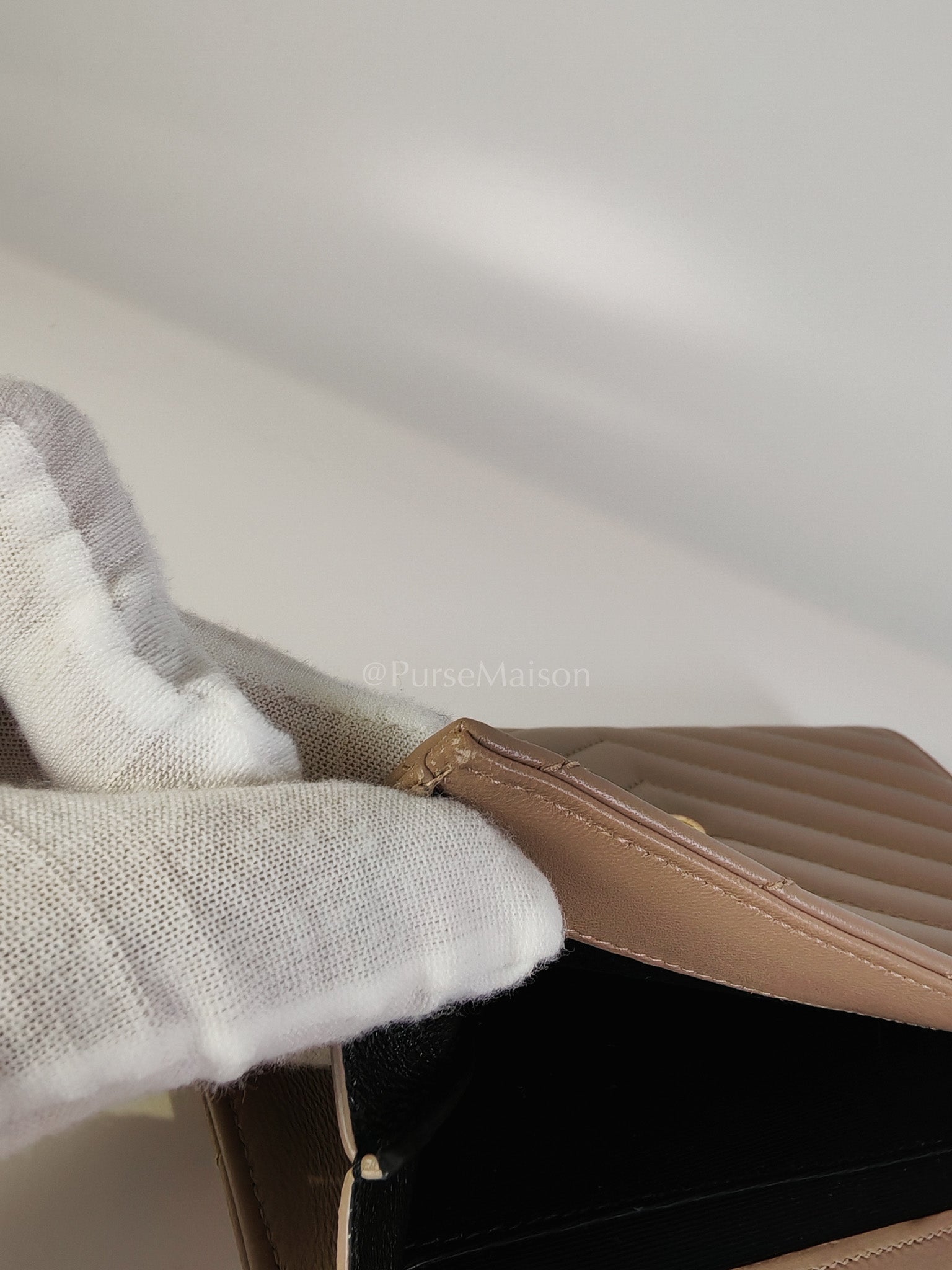 Envelope Clutch in Taupe Cassandre Matellase Calfskin Leather & Gold Hardware | Purse Maison Luxury Bags Shop