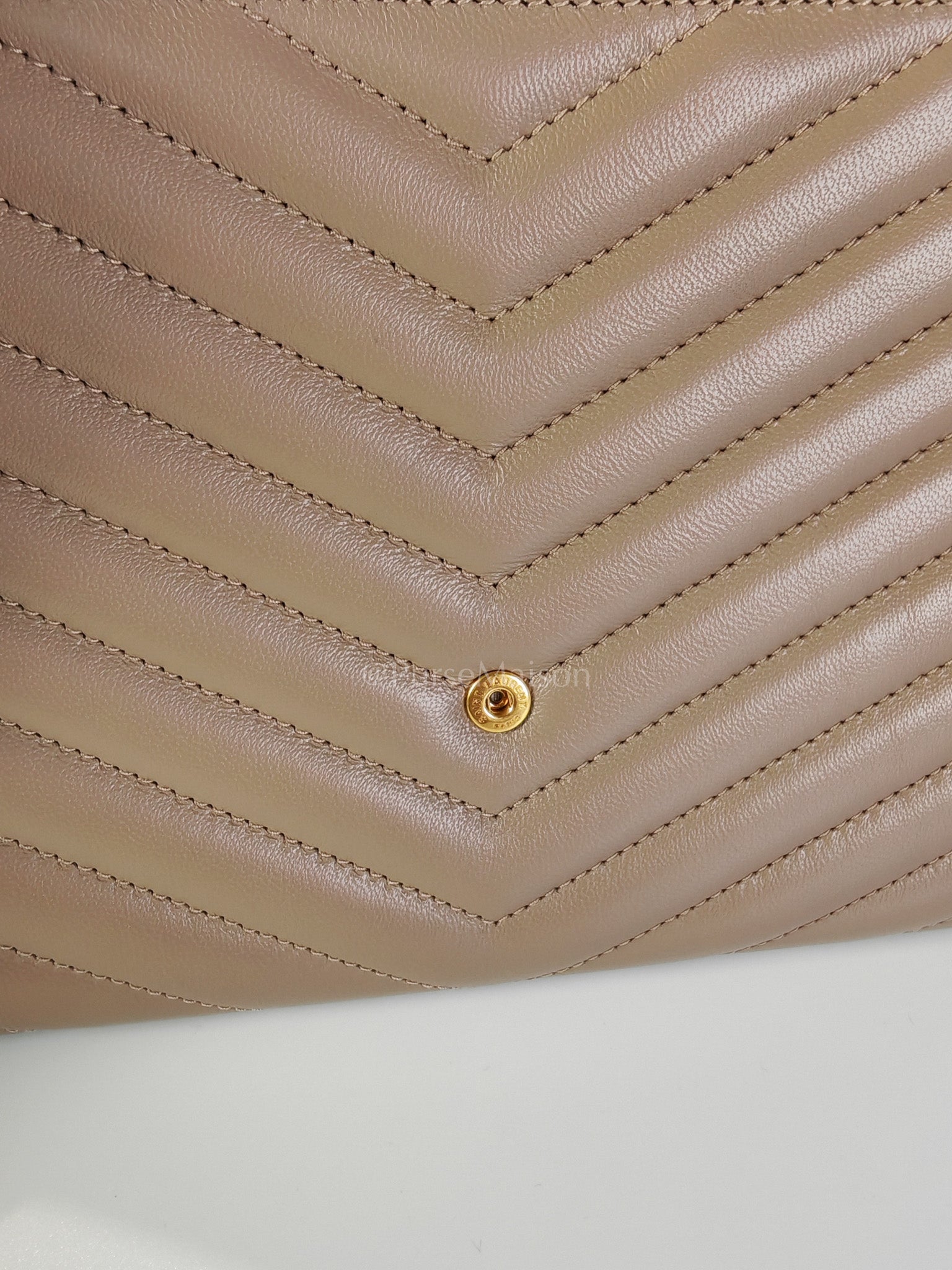 Envelope Clutch in Taupe Cassandre Matellase Calfskin Leather & Gold Hardware | Purse Maison Luxury Bags Shop