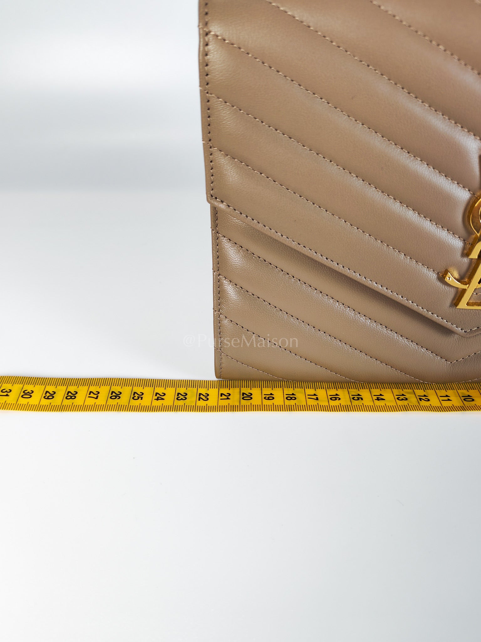 Envelope Clutch in Taupe Cassandre Matellase Calfskin Leather & Gold Hardware | Purse Maison Luxury Bags Shop