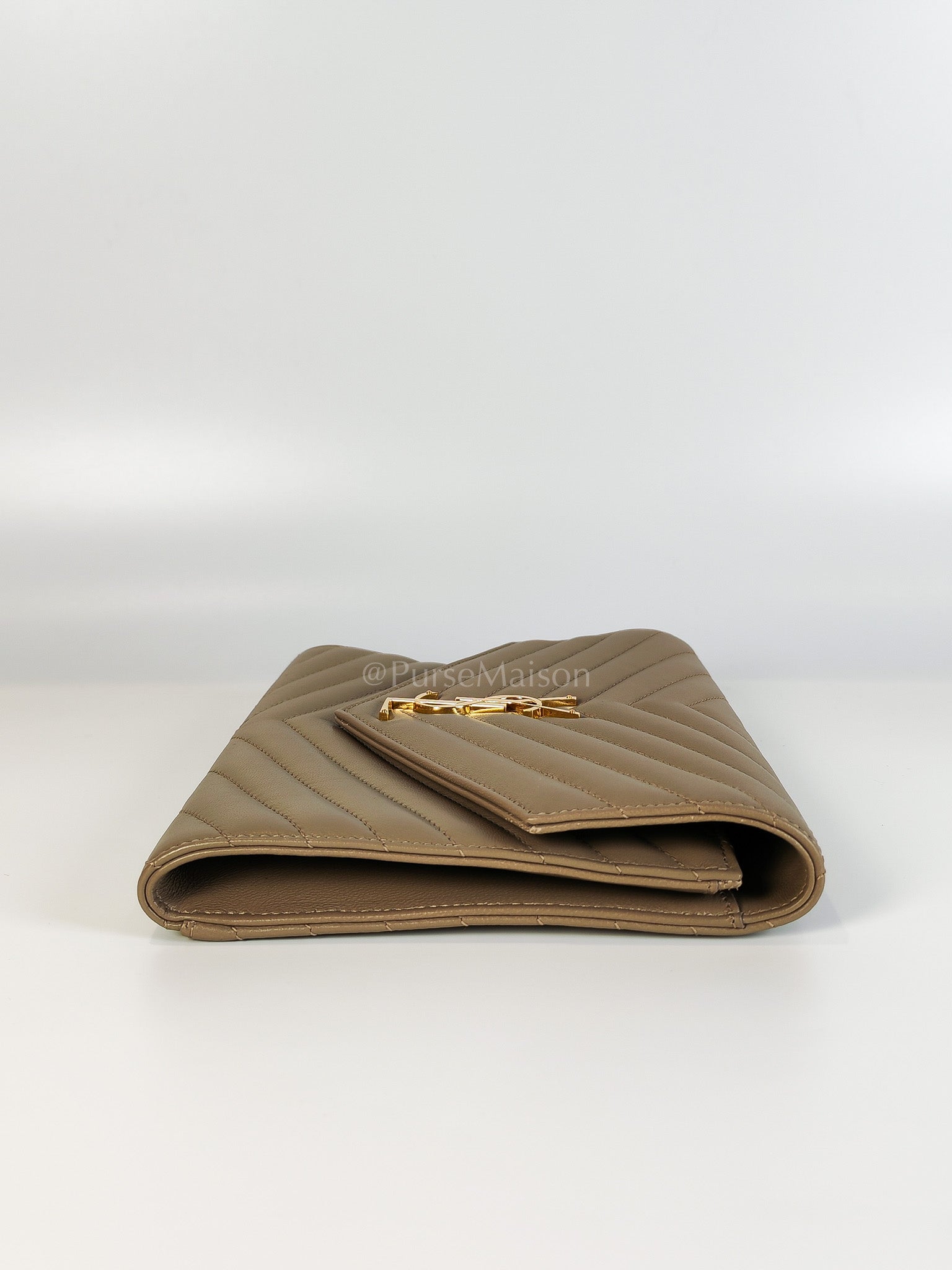 Envelope Clutch in Taupe Cassandre Matellase Calfskin Leather & Gold Hardware | Purse Maison Luxury Bags Shop