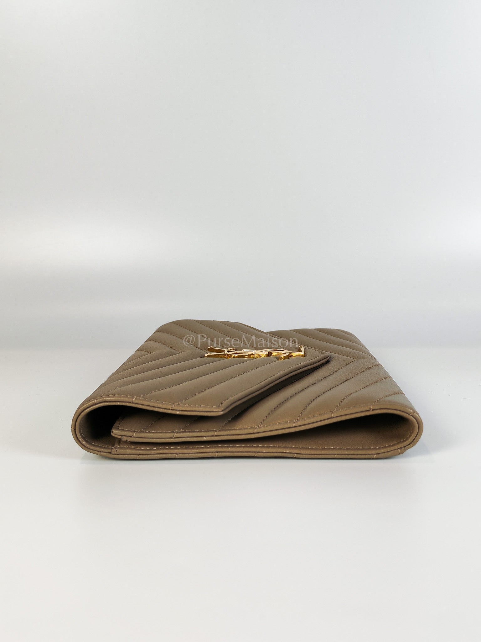 Envelope Clutch in Taupe Cassandre Matellase Calfskin Leather & Gold Hardware | Purse Maison Luxury Bags Shop