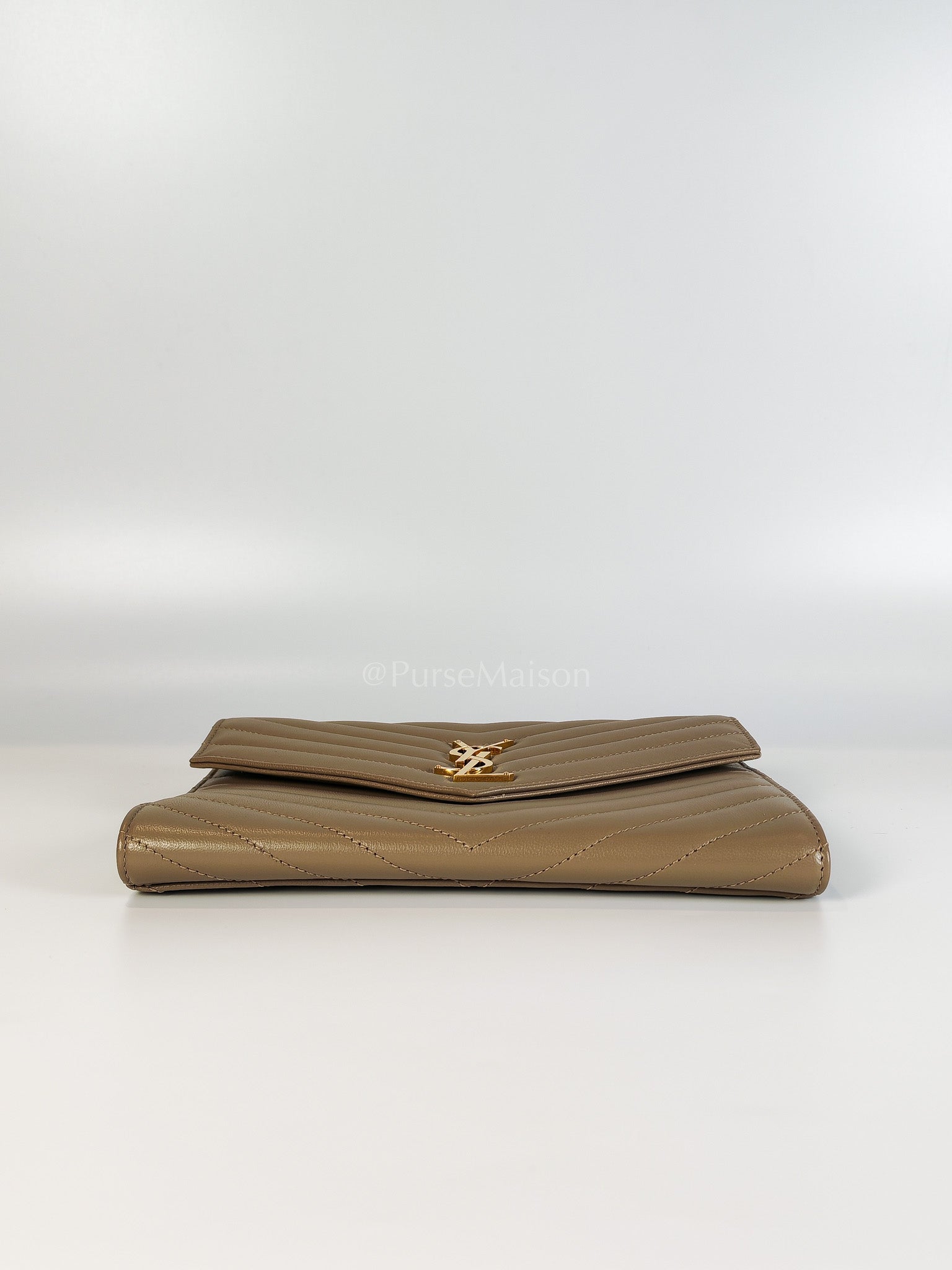 Envelope Clutch in Taupe Cassandre Matellase Calfskin Leather & Gold Hardware | Purse Maison Luxury Bags Shop